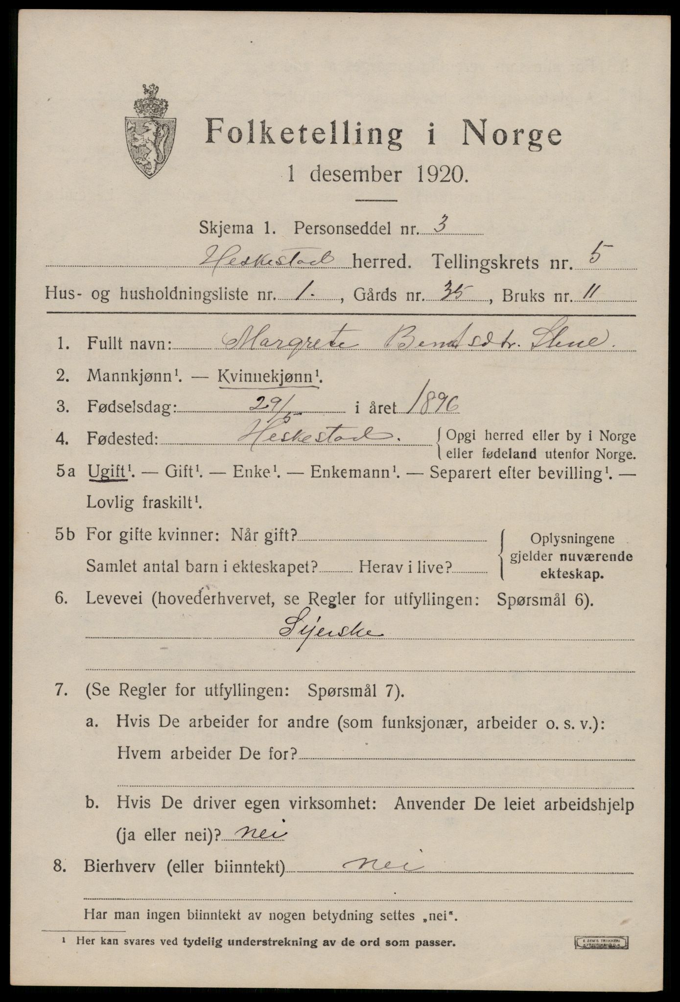 SAST, 1920 census for Heskestad, 1920, p. 1833