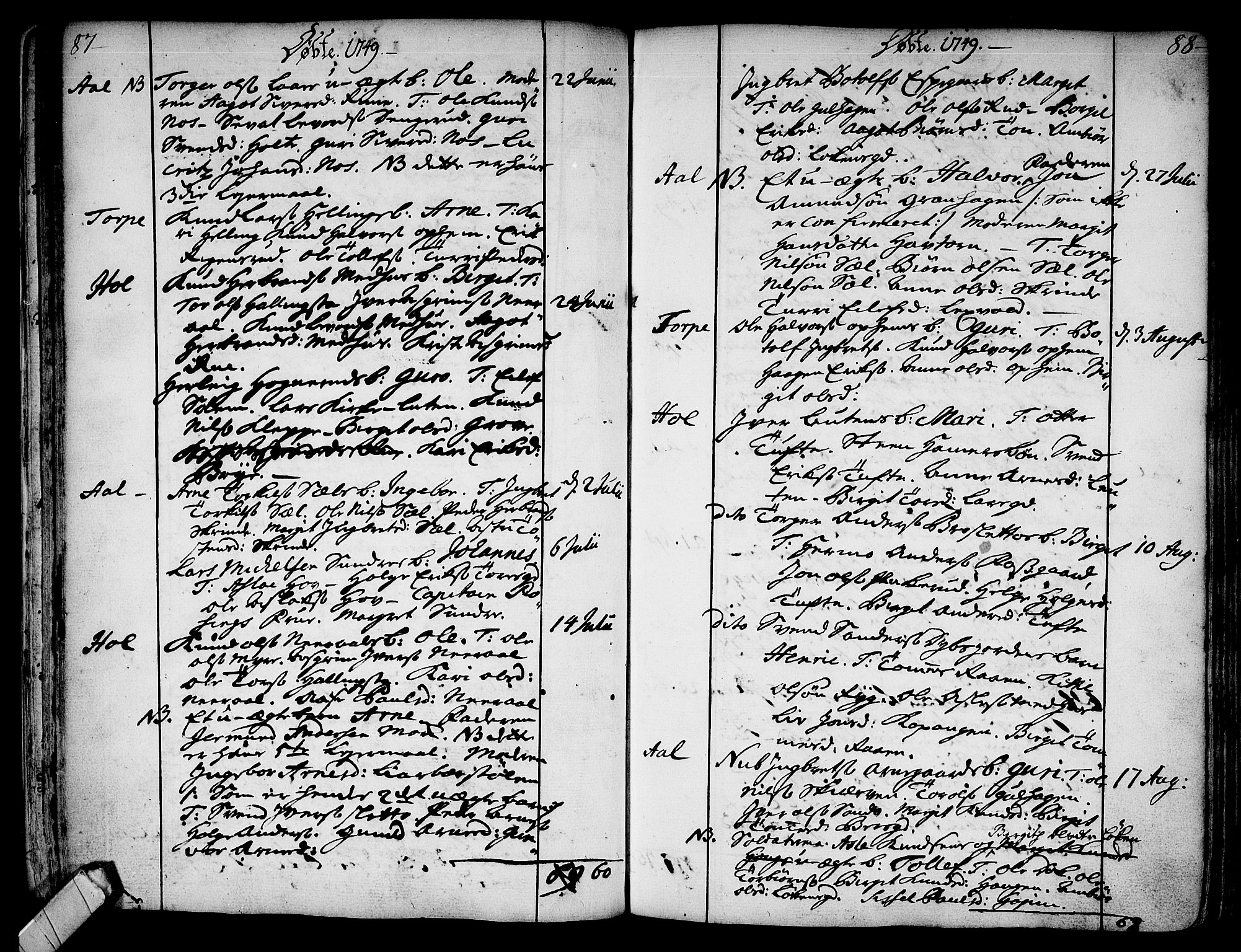 Ål kirkebøker, SAKO/A-249/F/Fa/L0001: Parish register (official) no. I 1, 1744-1769, p. 87-88