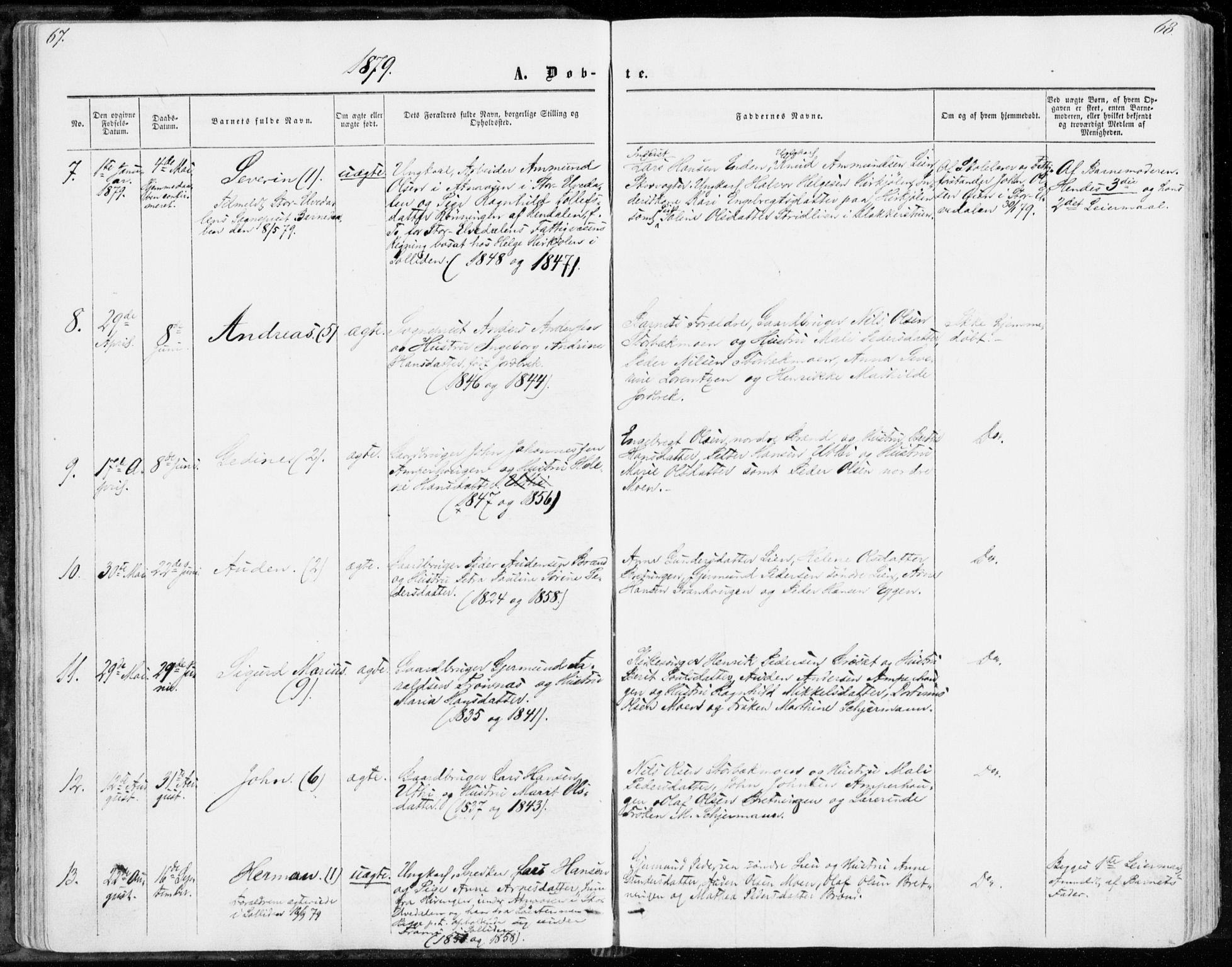 Sollia prestekontor, SAH/PREST-050/H/Ha/Haa/L0001: Parish register (official) no. 1, 1856-1885, p. 67-68