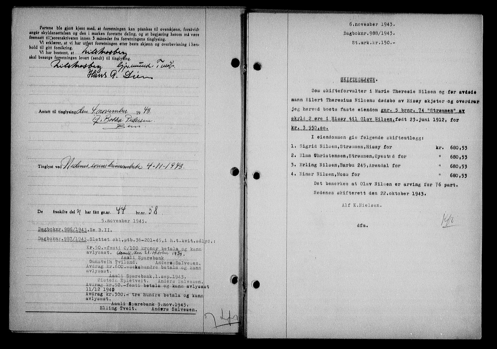 Nedenes sorenskriveri, SAK/1221-0006/G/Gb/Gba/L0051: Mortgage book no. A-V, 1943-1944, Diary no: : 988/1943