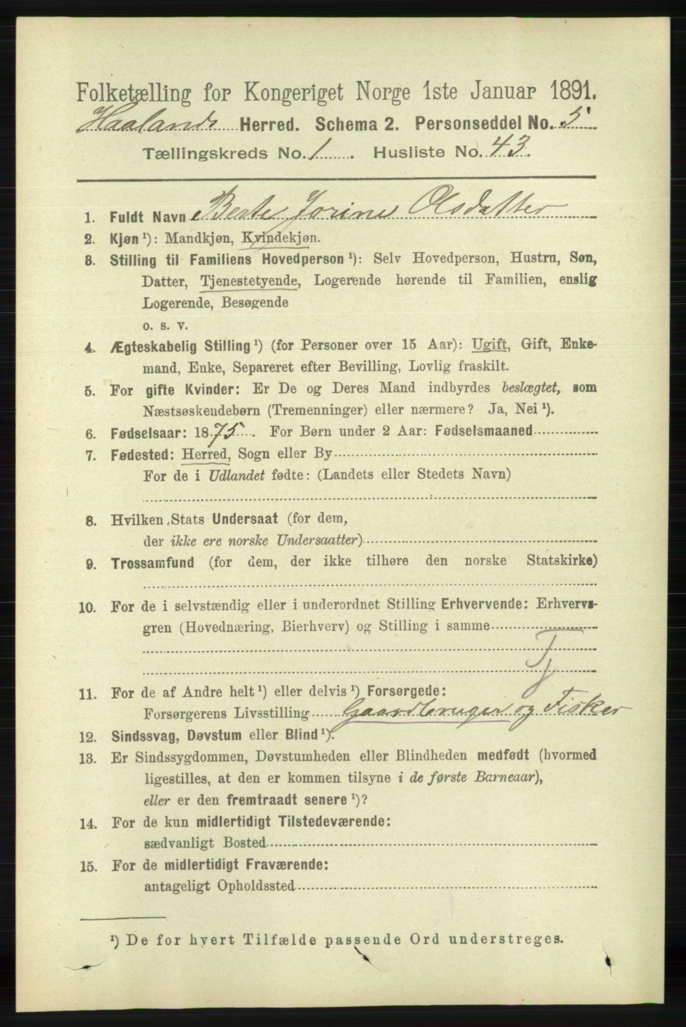 RA, 1891 census for 1124 Haaland, 1891, p. 437