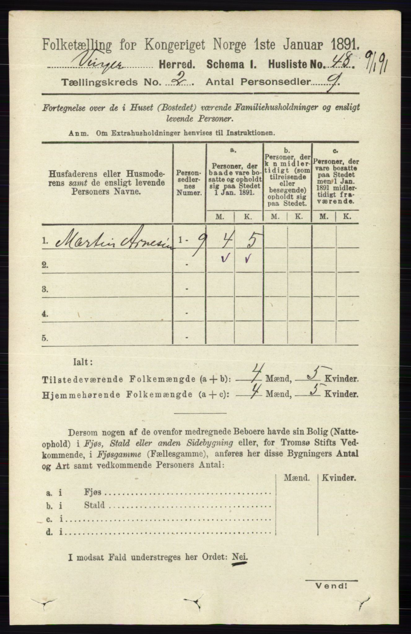 RA, 1891 census for 0421 Vinger, 1891, p. 451