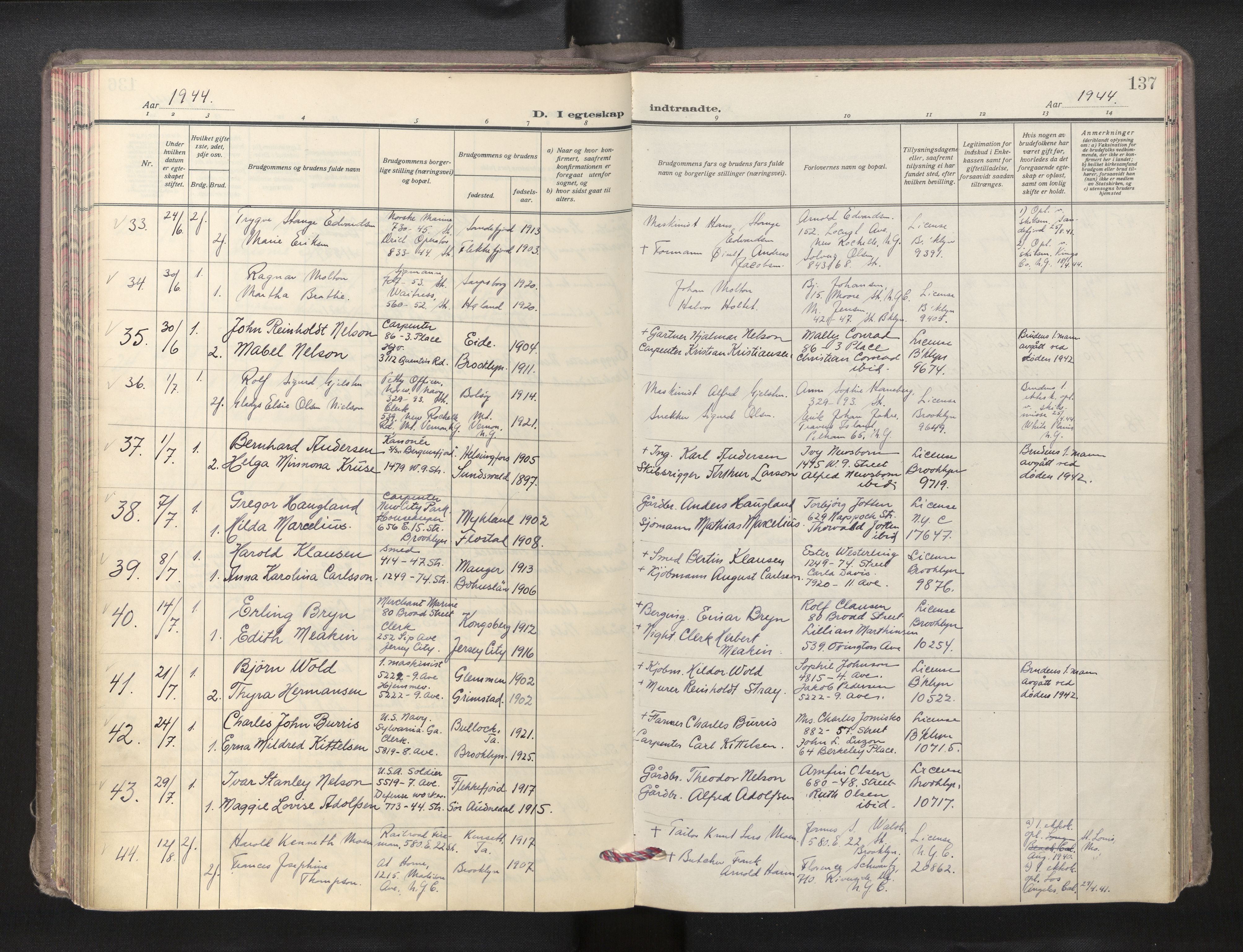 Den norske sjømannsmisjon i utlandet/New York, AV/SAB-SAB/PA-0110/H/Ha/L0009: Parish register (official) no. A 9, 1935-1945, p. 136b-137a