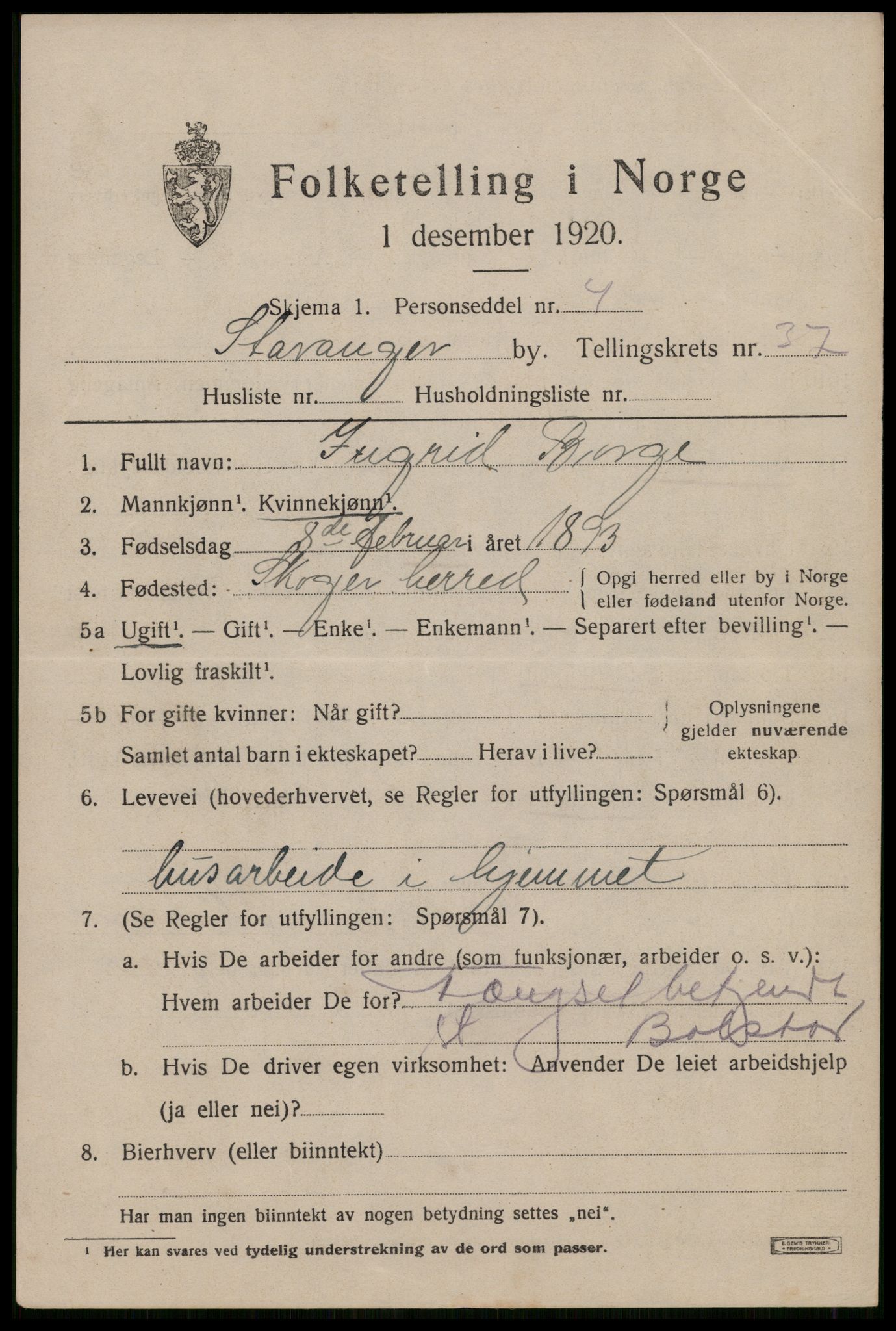 SAST, 1920 census for Stavanger, 1920, p. 98518