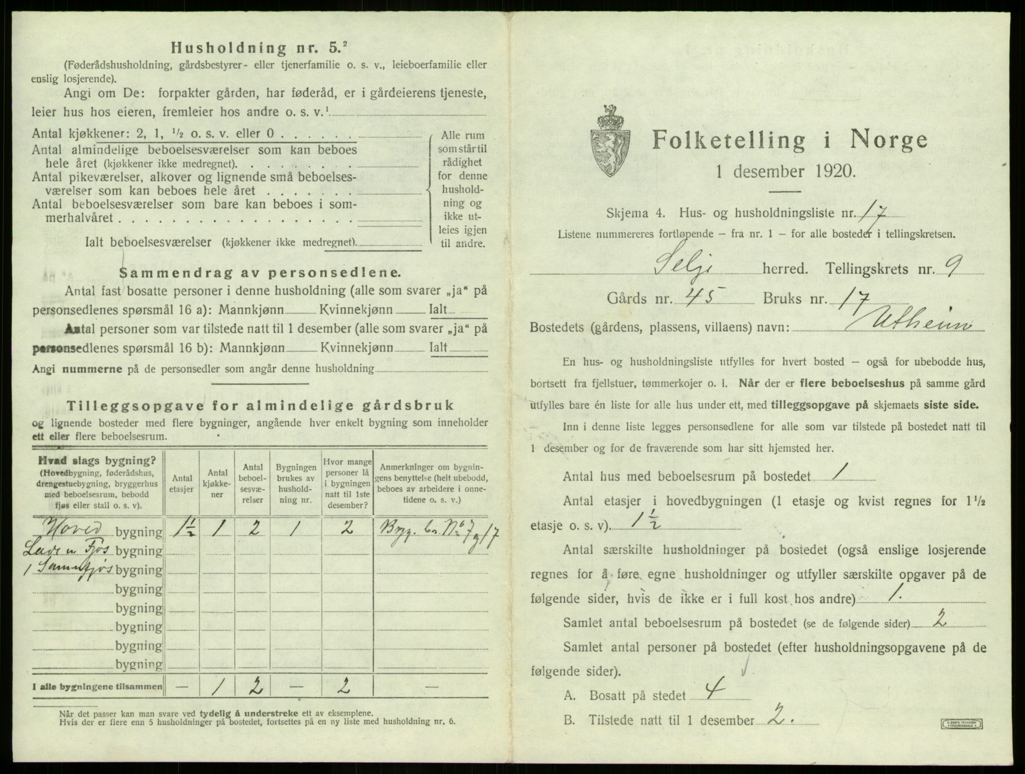 SAB, 1920 census for Selje, 1920, p. 577