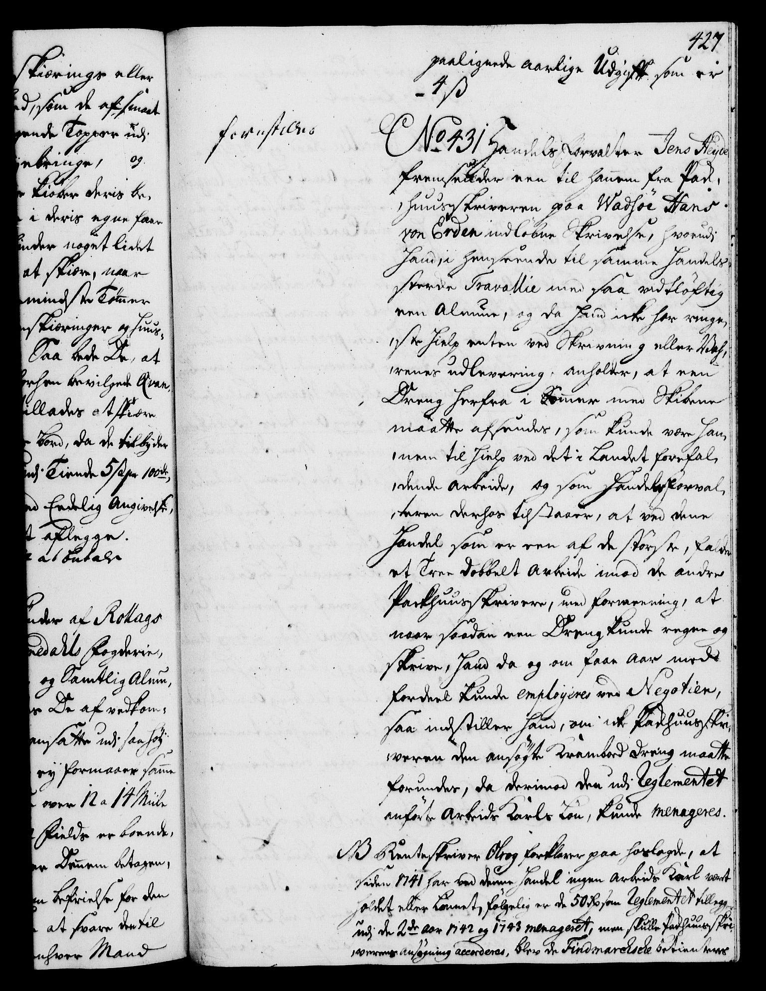 Rentekammeret, Kammerkanselliet, AV/RA-EA-3111/G/Gh/Gha/L0025: Norsk ekstraktmemorialprotokoll (merket RK 53.70), 1743-1744, p. 427