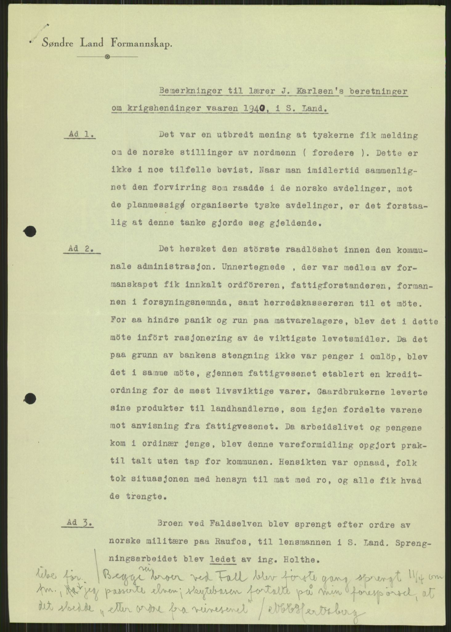 Forsvaret, Forsvarets krigshistoriske avdeling, AV/RA-RAFA-2017/Y/Ya/L0014: II-C-11-31 - Fylkesmenn.  Rapporter om krigsbegivenhetene 1940., 1940, p. 205