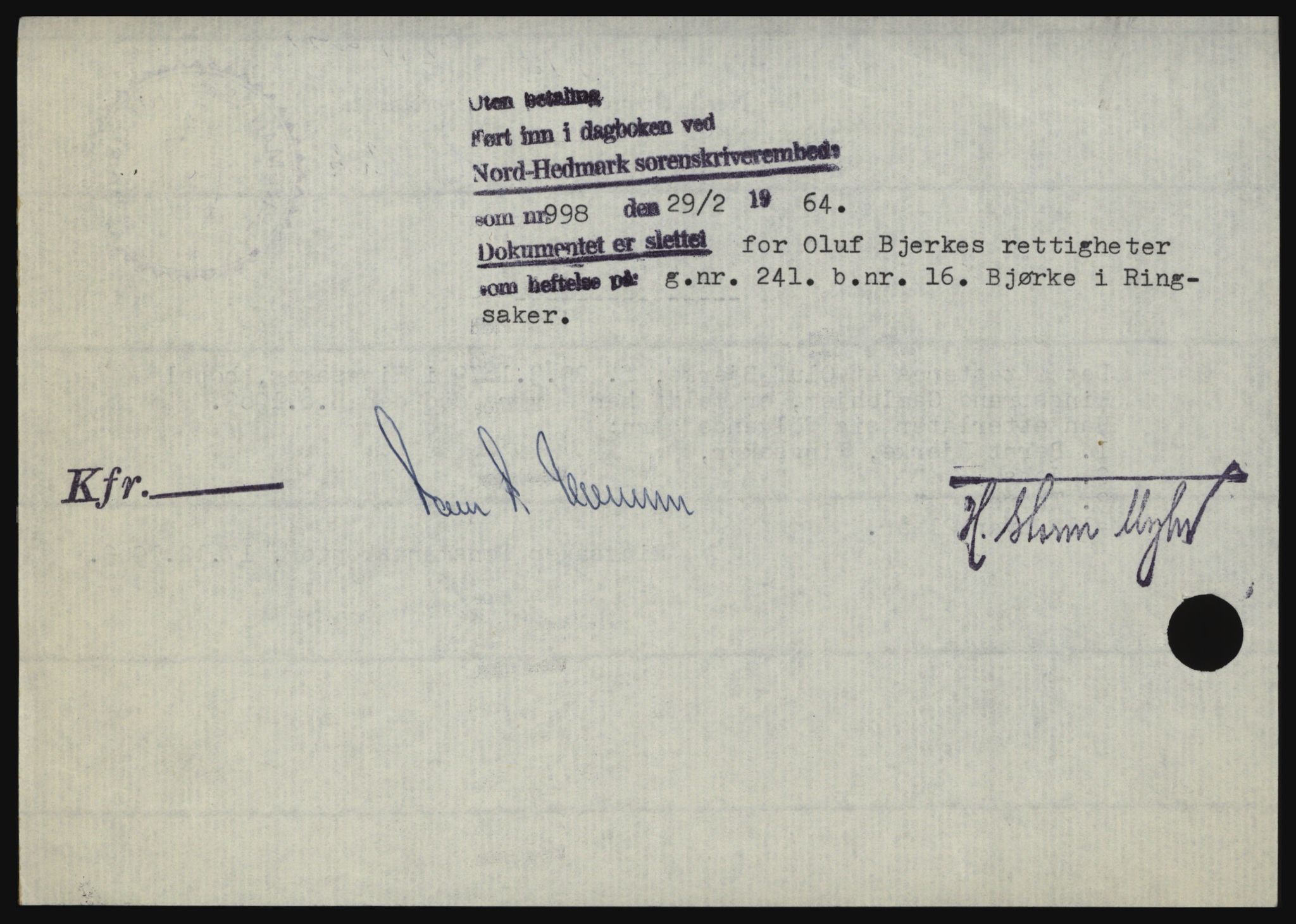 Nord-Hedmark sorenskriveri, SAH/TING-012/H/Hc/L0019: Mortgage book no. 19, 1963-1964, Diary no: : 998/1964