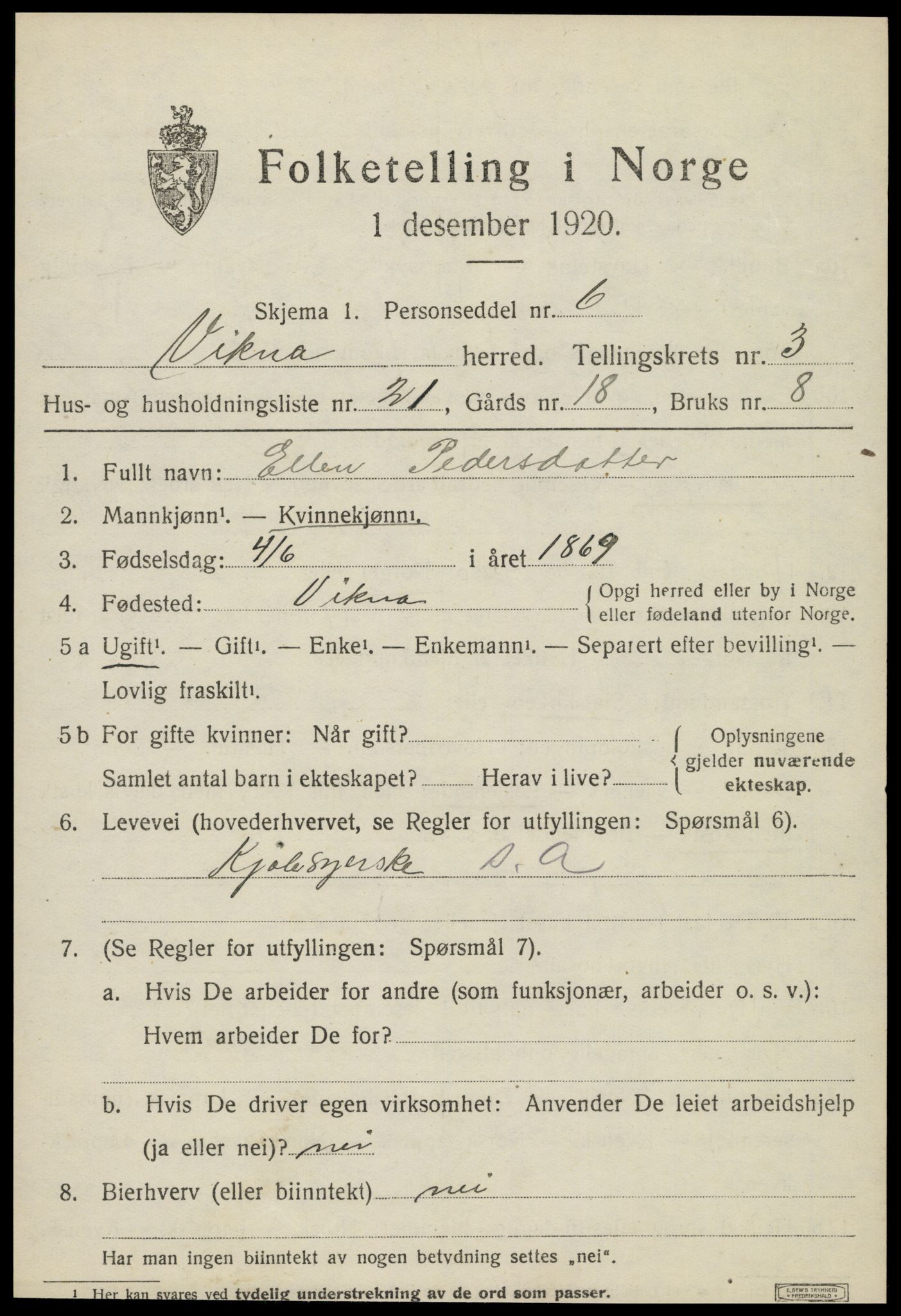 SAT, 1920 census for Vikna, 1920, p. 3583