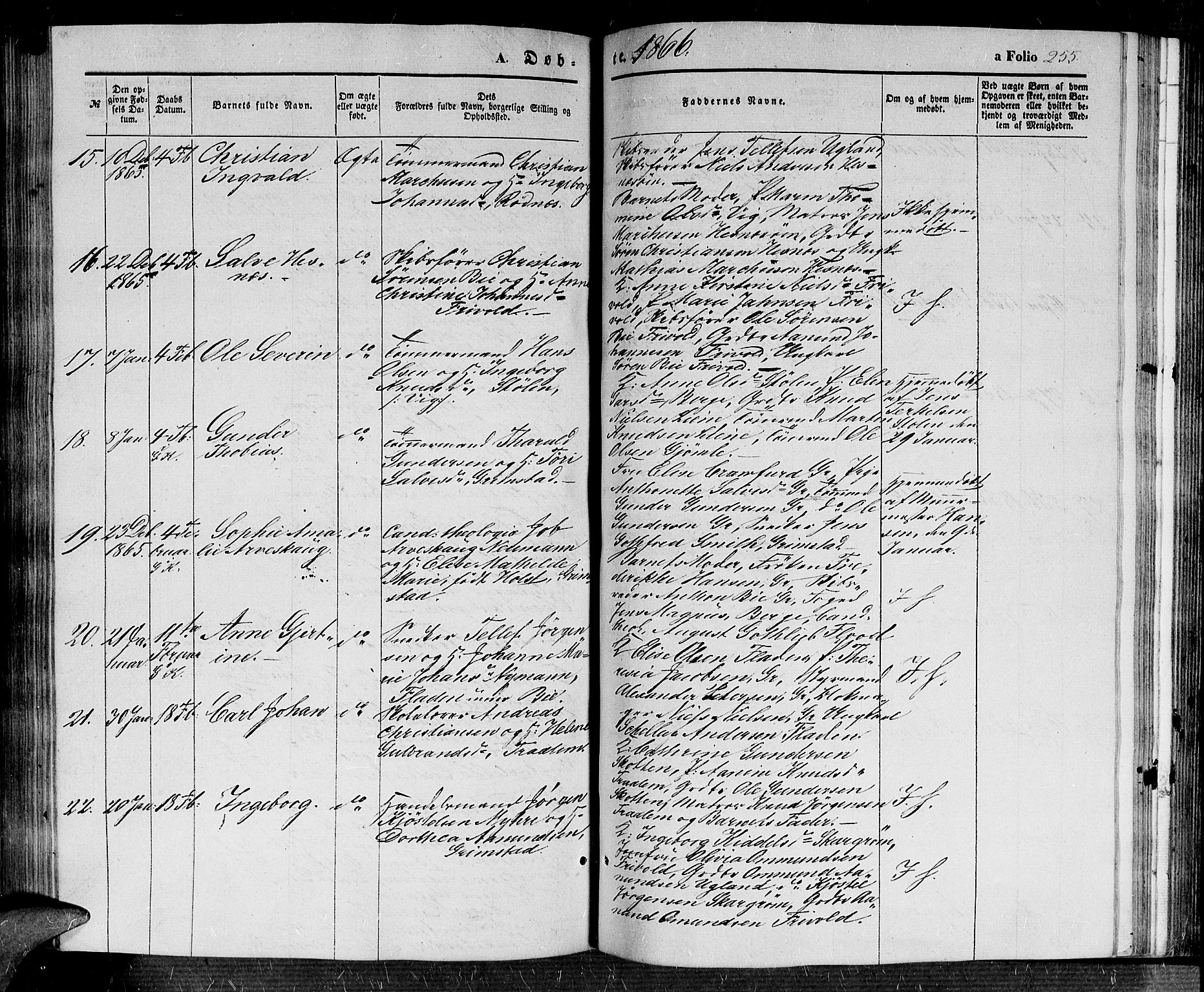 Fjære sokneprestkontor, SAK/1111-0011/F/Fb/L0008: Parish register (copy) no. B 8, 1854-1867, p. 255