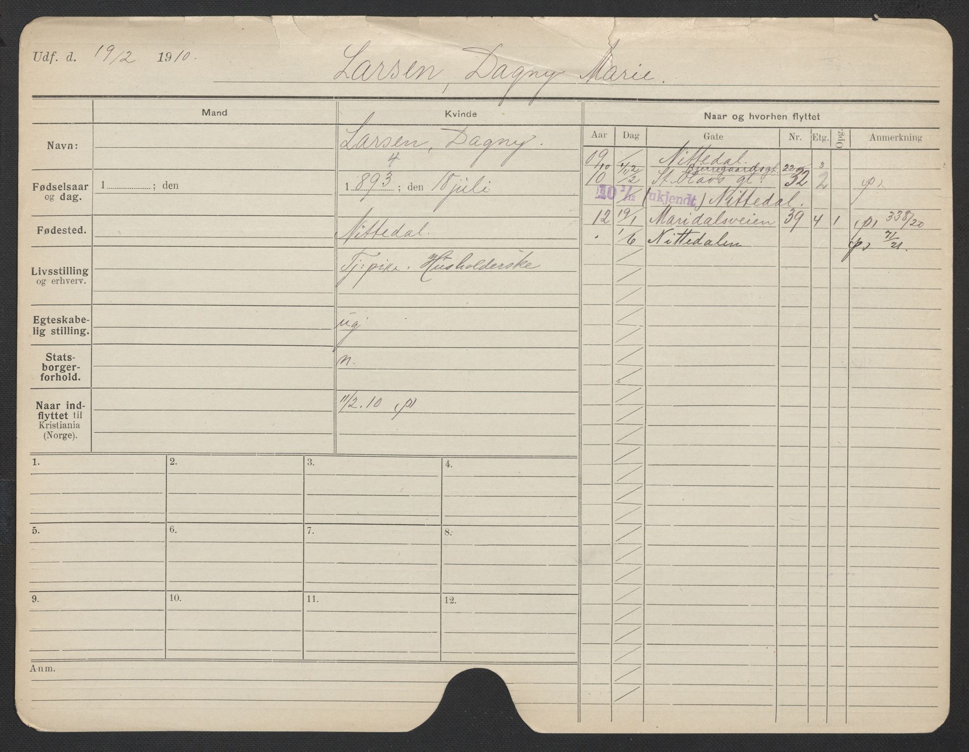 Oslo folkeregister, Registerkort, AV/SAO-A-11715/F/Fa/Fac/L0019: Kvinner, 1906-1914, p. 849a