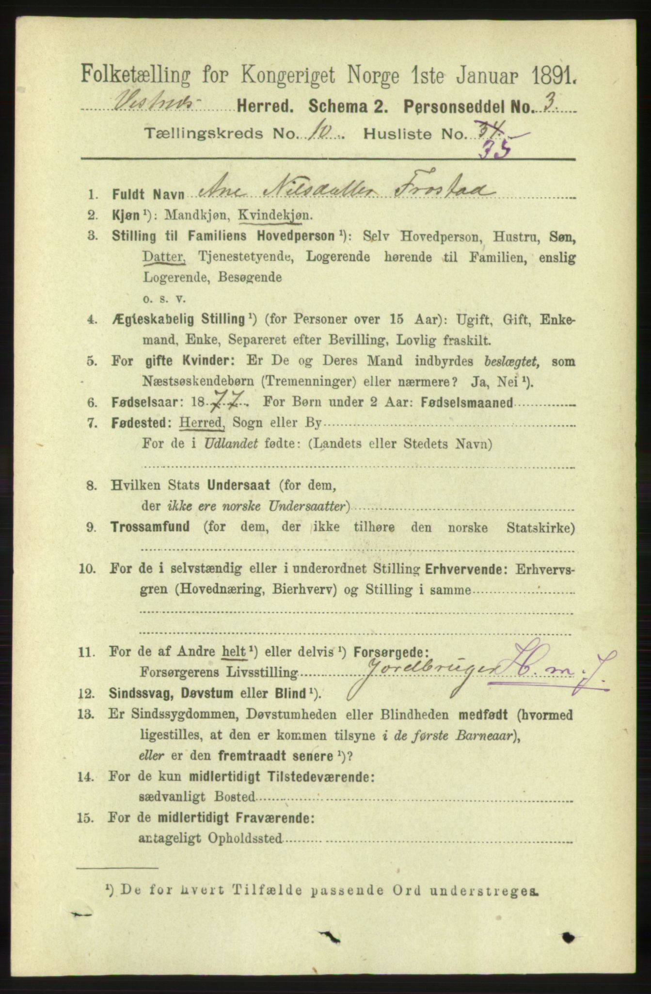 RA, 1891 census for 1535 Vestnes, 1891, p. 3853