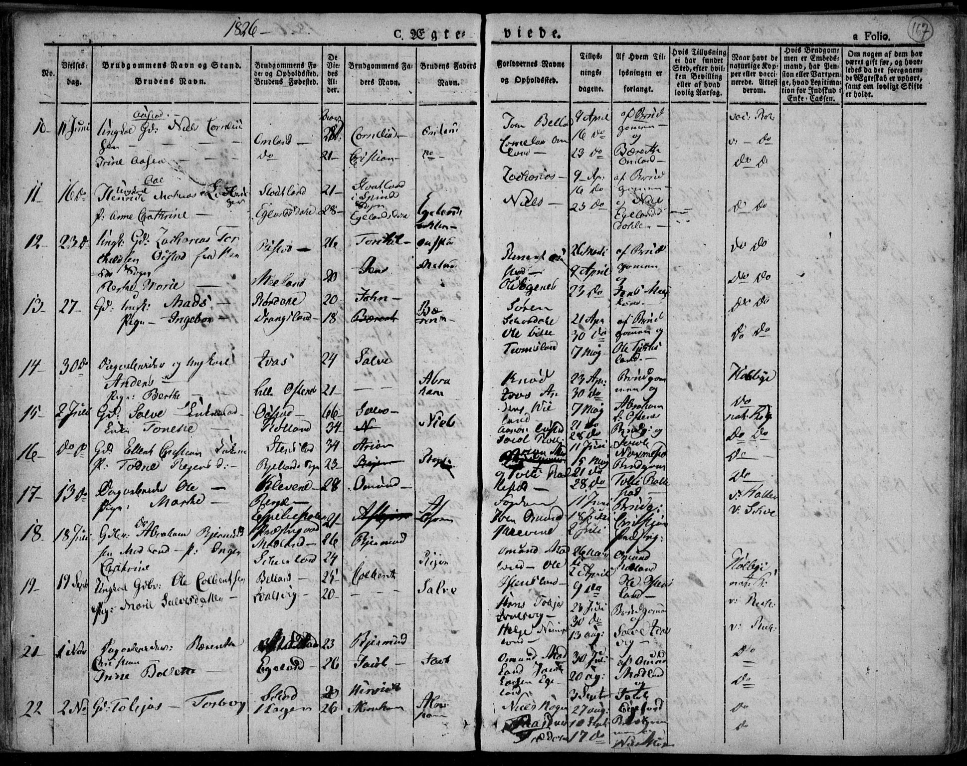 Lyngdal sokneprestkontor, AV/SAK-1111-0029/F/Fa/Fac/L0007: Parish register (official) no. A 7, 1825-1838, p. 167