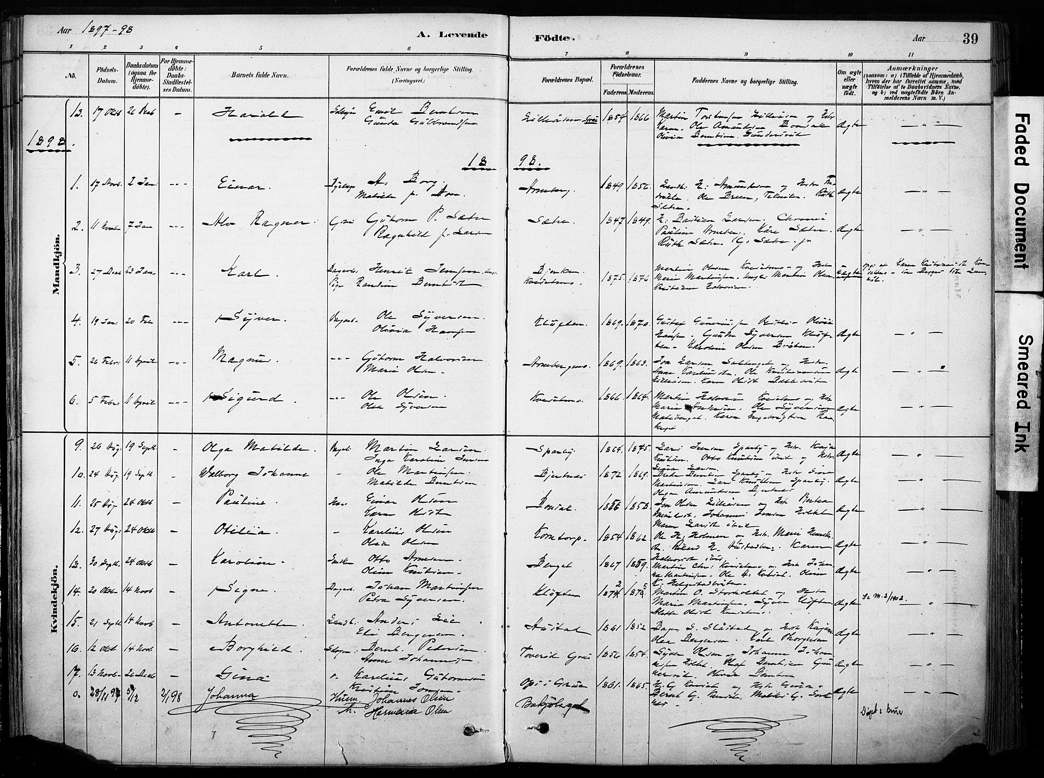 Hof prestekontor, AV/SAH-PREST-038/H/Ha/Haa/L0011: Parish register (official) no. 11, 1879-1911, p. 39