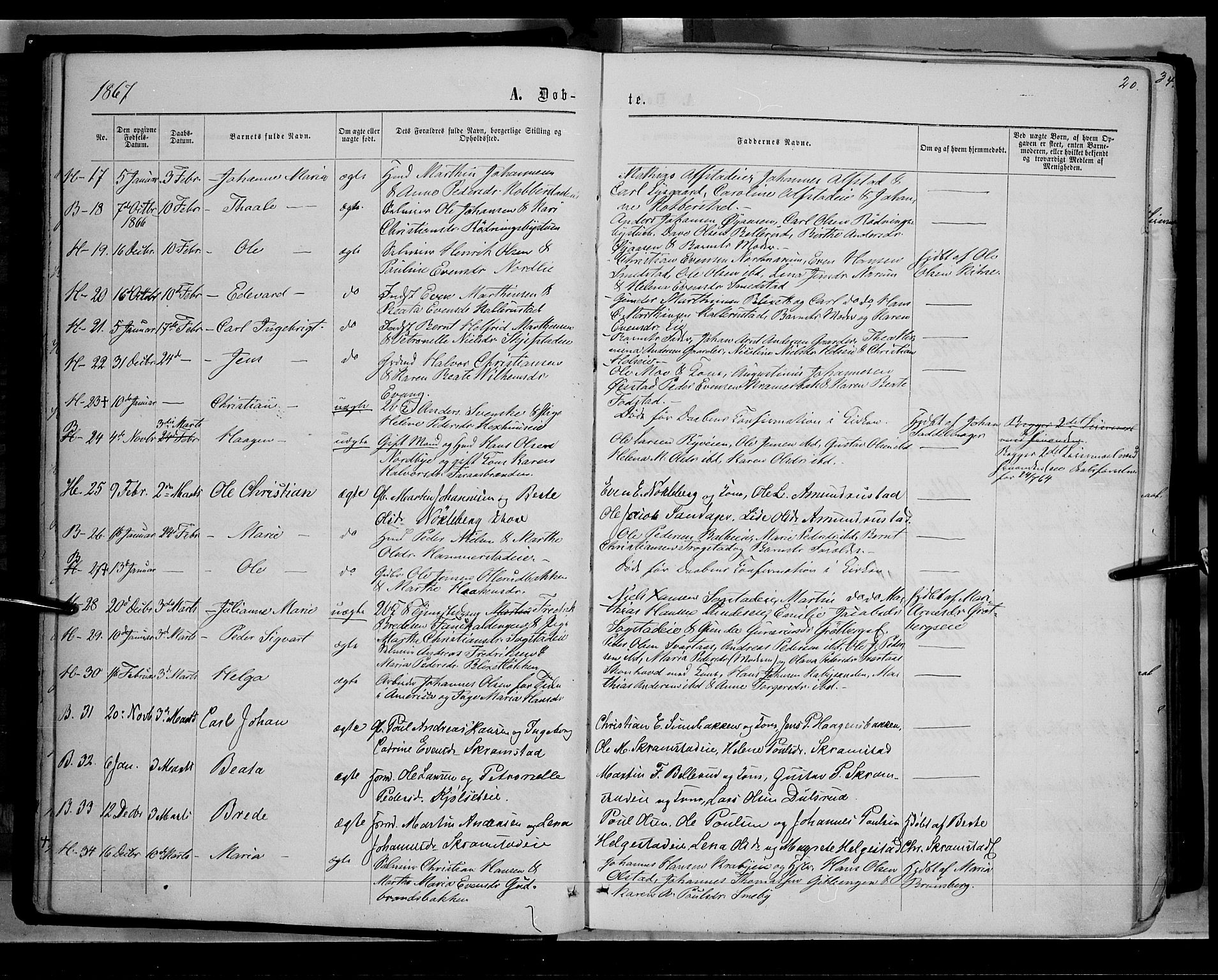 Østre Toten prestekontor, AV/SAH-PREST-104/H/Ha/Haa/L0005: Parish register (official) no. 5, 1866-1877, p. 20