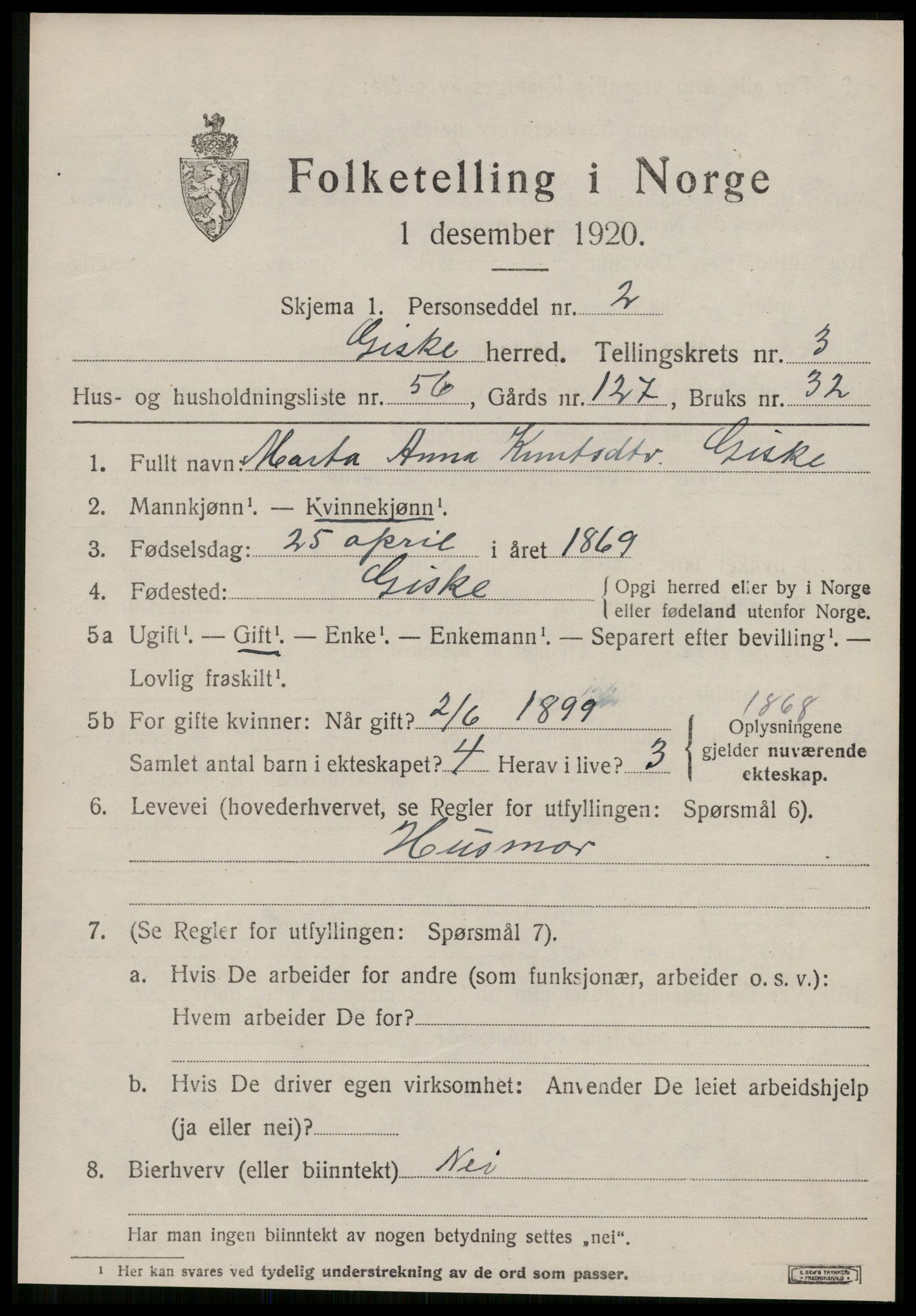 SAT, 1920 census for Giske, 1920, p. 2604