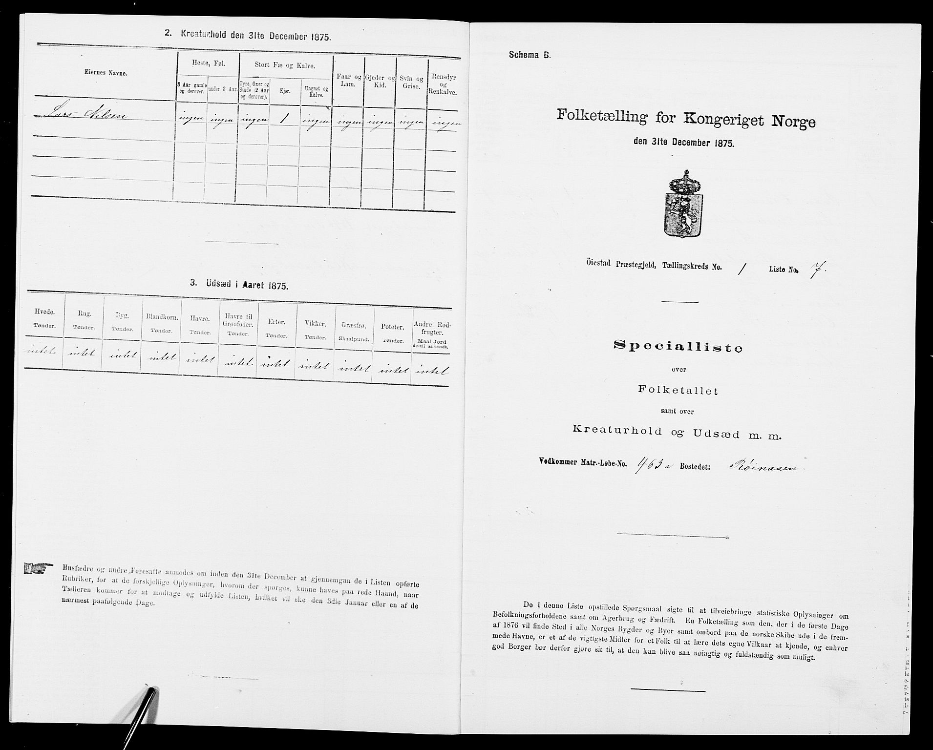 SAK, 1875 census for 0920P Øyestad, 1875, p. 70