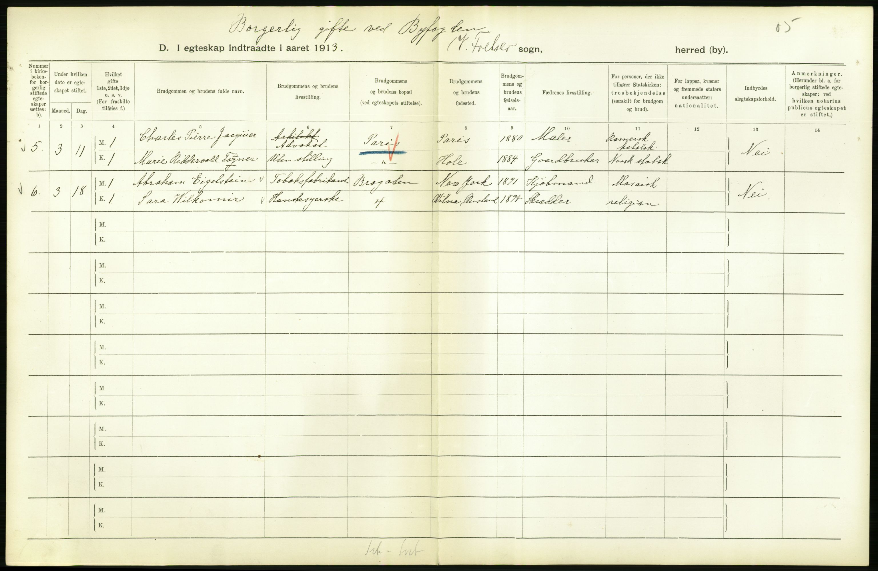 Statistisk sentralbyrå, Sosiodemografiske emner, Befolkning, AV/RA-S-2228/D/Df/Dfb/Dfbc/L0008: Kristiania: Gifte., 1913, p. 768