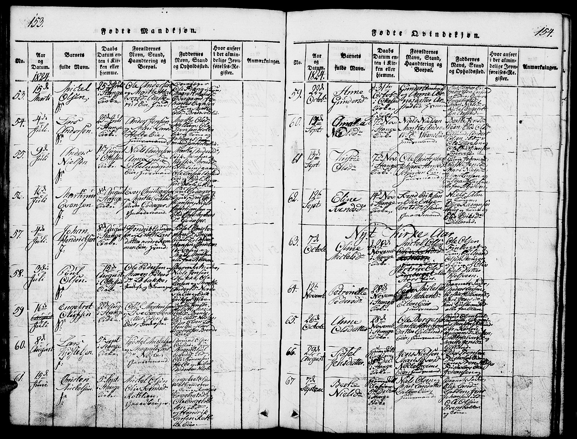 Stange prestekontor, AV/SAH-PREST-002/L/L0001: Parish register (copy) no. 1, 1814-1825, p. 153-154