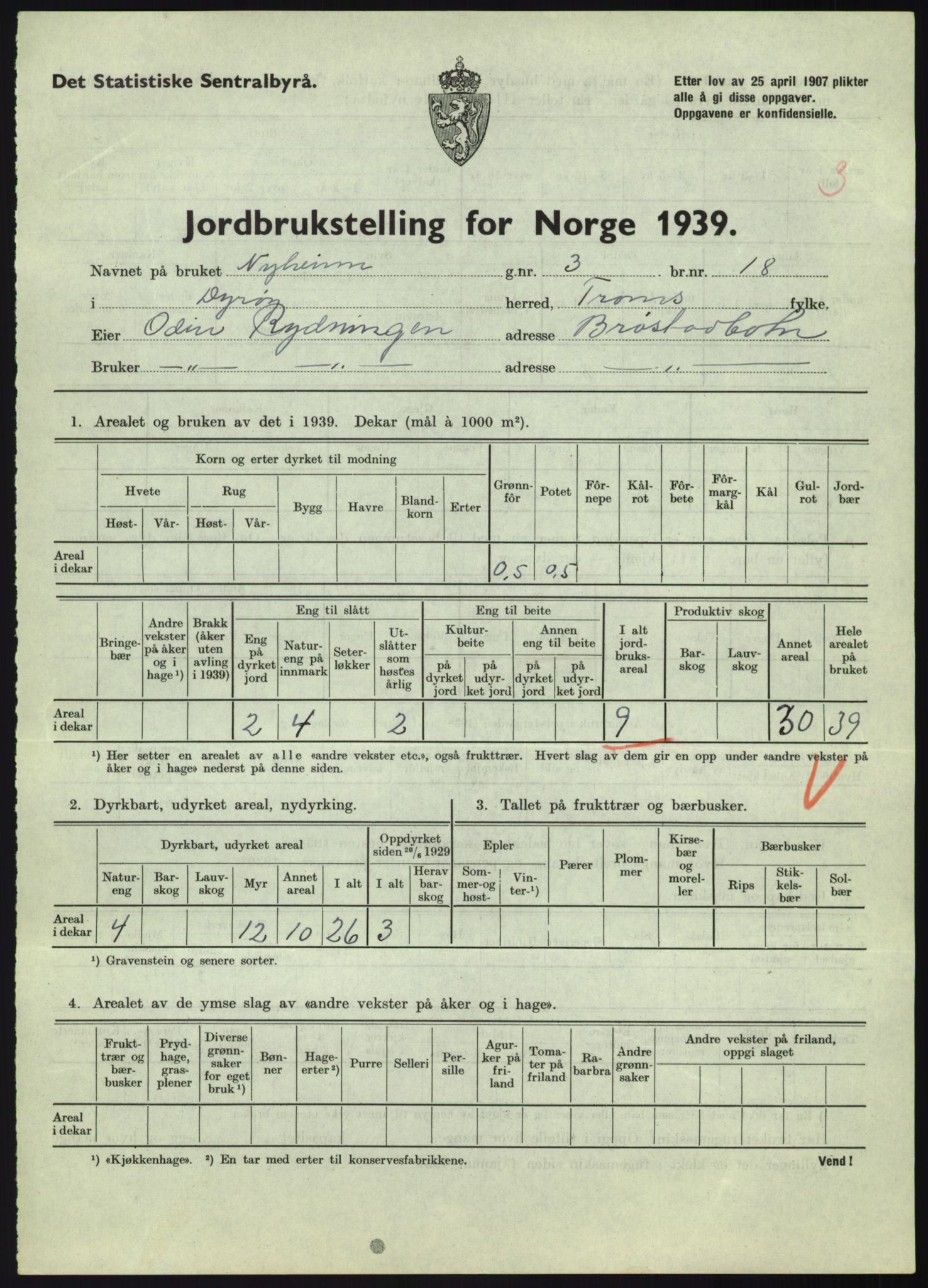 Statistisk sentralbyrå, Næringsøkonomiske emner, Jordbruk, skogbruk, jakt, fiske og fangst, AV/RA-S-2234/G/Gb/L0340: Troms: Salangen og Dyrøy, 1939, p. 908