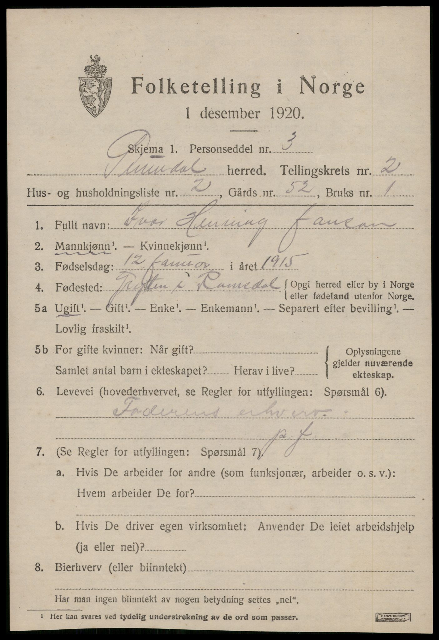 SAT, 1920 census for Sunndal, 1920, p. 1102