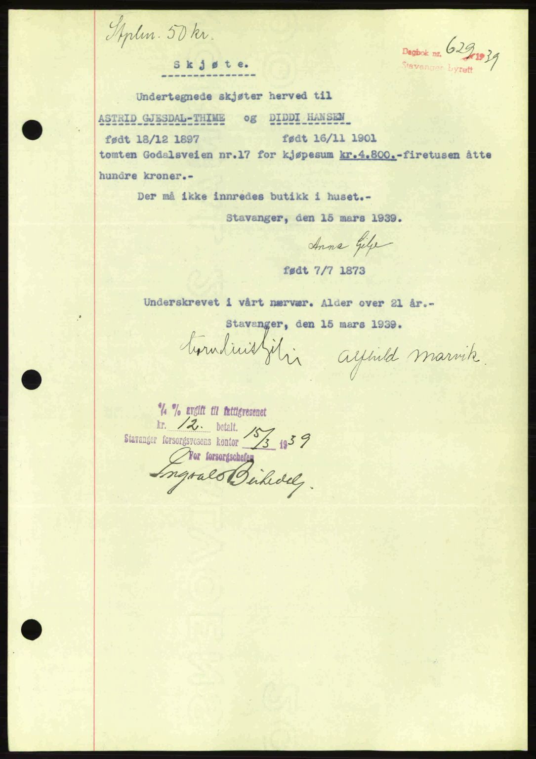 Stavanger byrett, SAST/A-100455/002/G/Gb/L0014: Mortgage book no. A4, 1938-1939, Diary no: : 629/1939