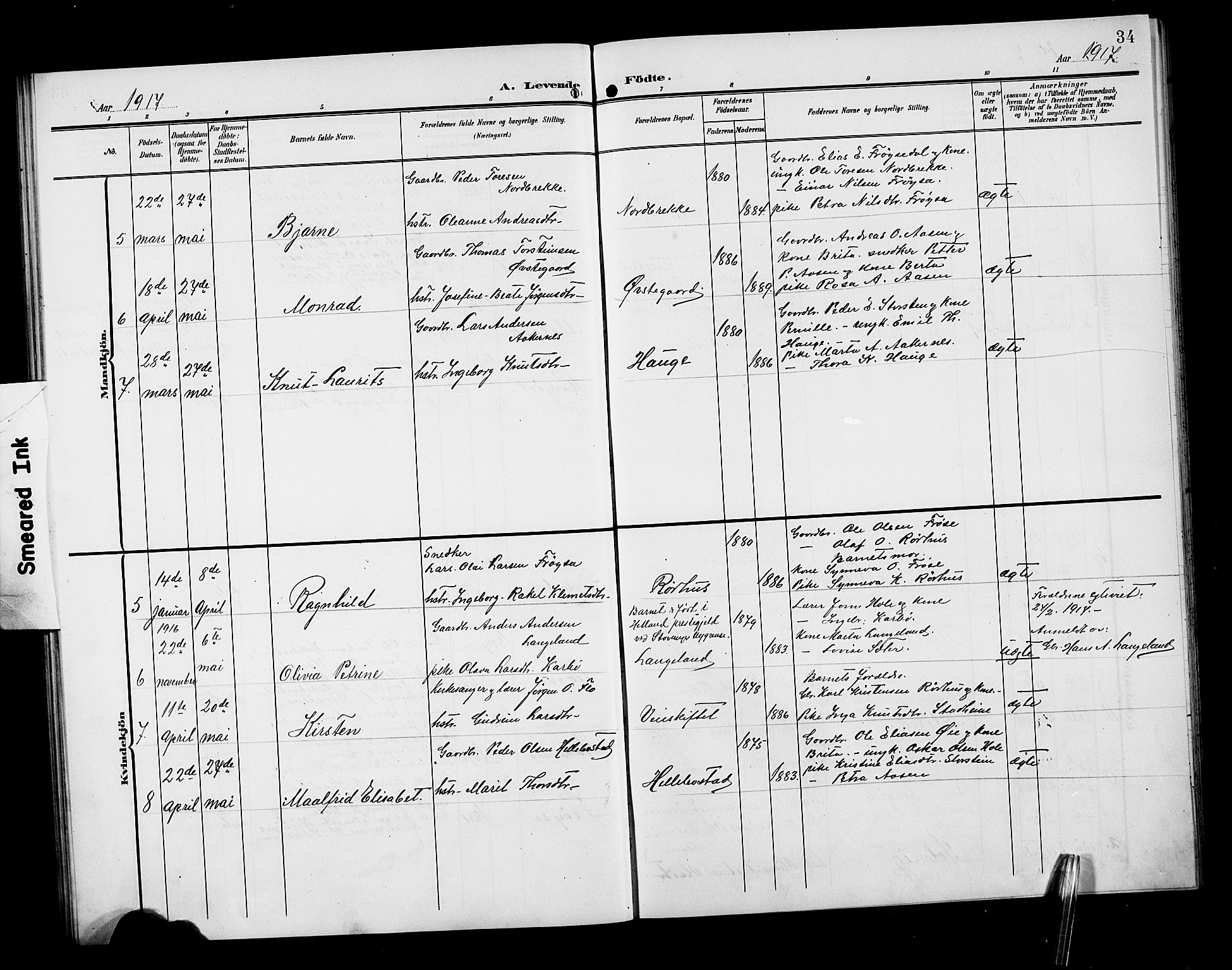 Ministerialprotokoller, klokkerbøker og fødselsregistre - Møre og Romsdal, AV/SAT-A-1454/517/L0231: Parish register (copy) no. 517C04, 1904-1918, p. 34