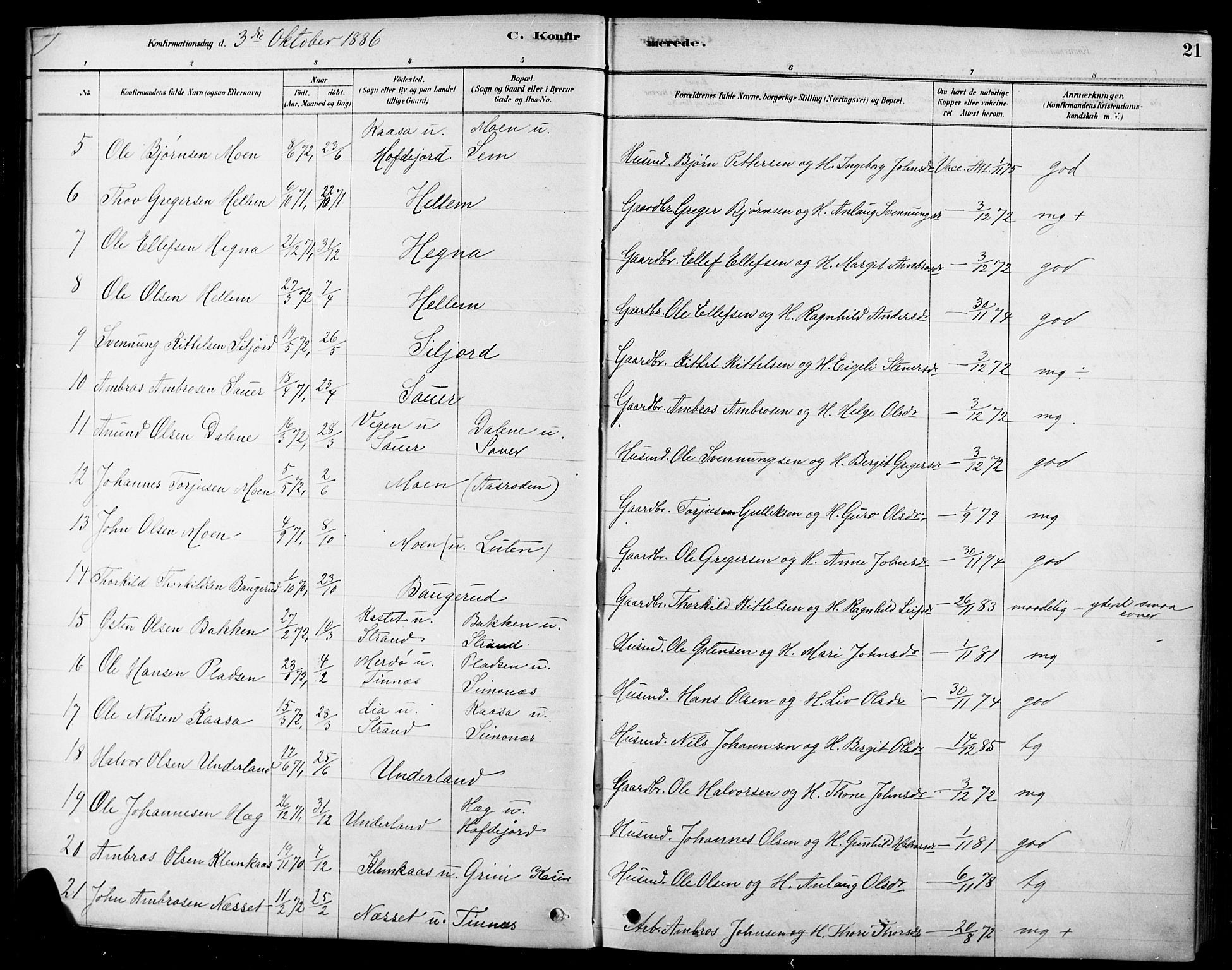 Heddal kirkebøker, SAKO/A-268/F/Fa/L0009: Parish register (official) no. I 9, 1878-1903, p. 21
