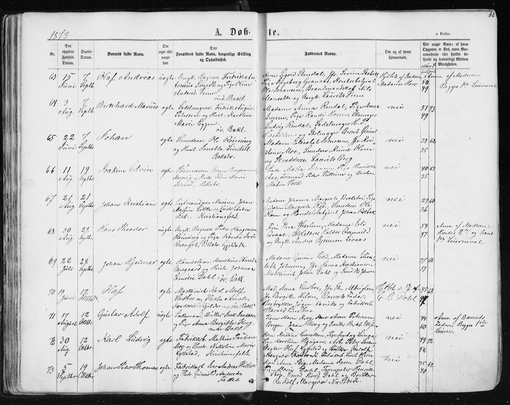 Ministerialprotokoller, klokkerbøker og fødselsregistre - Sør-Trøndelag, SAT/A-1456/604/L0186: Parish register (official) no. 604A07, 1866-1877, p. 62