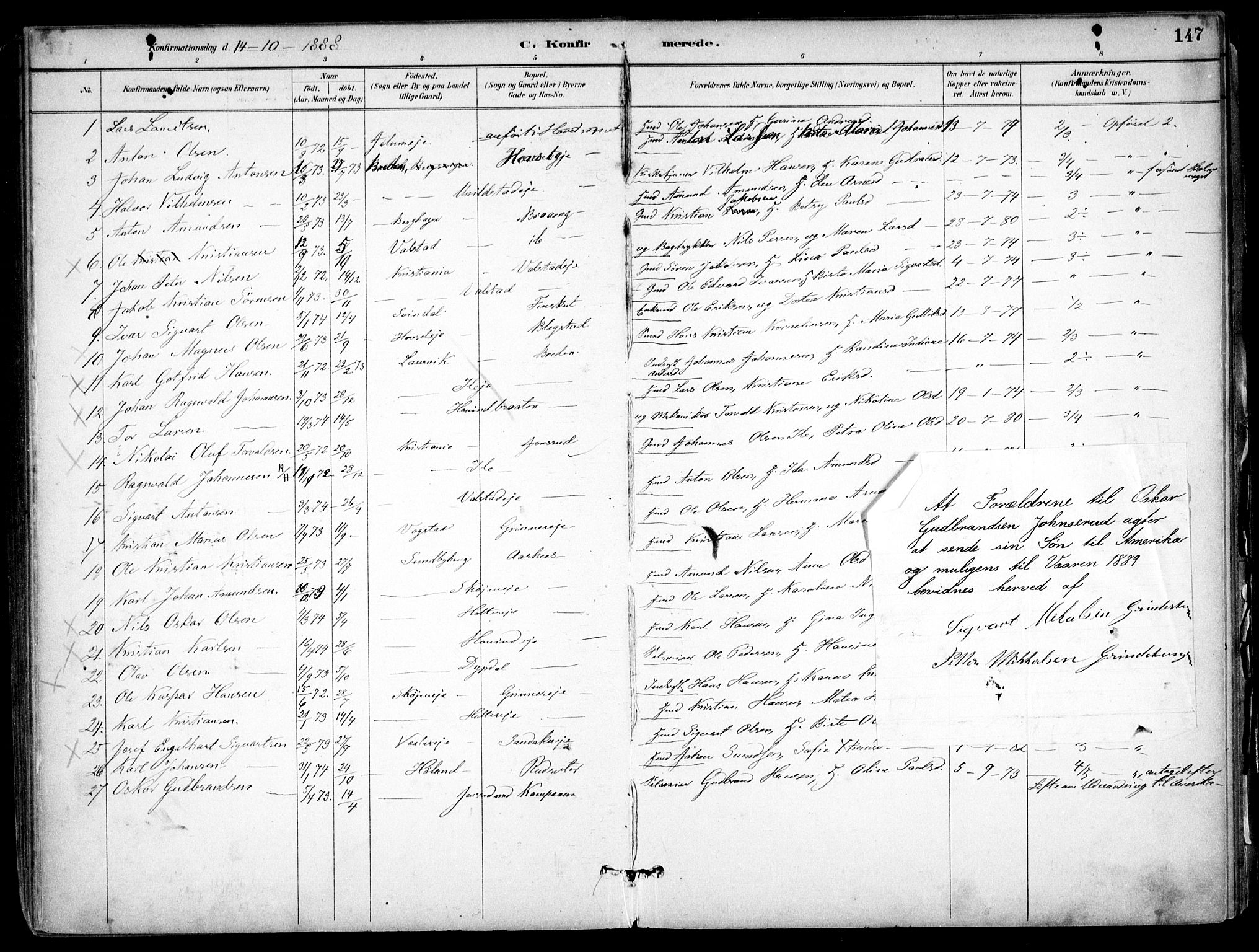 Nes prestekontor Kirkebøker, SAO/A-10410/F/Fb/L0002: Parish register (official) no. II 2, 1883-1918, p. 147