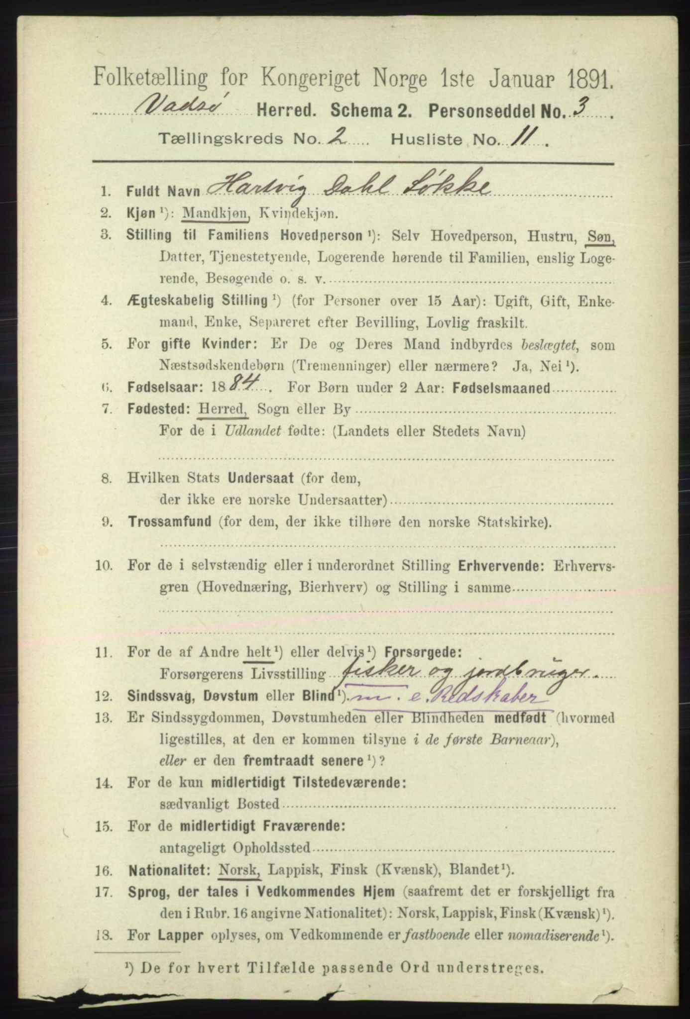 RA, 1891 census for 2029 Vadsø, 1891, p. 500