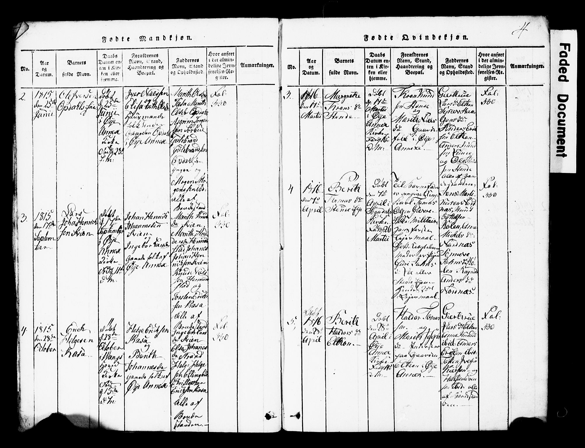 Vang prestekontor, Valdres, SAH/PREST-140/H/Hb/L0001: Parish register (copy) no. 1, 1814-1820, p. 4
