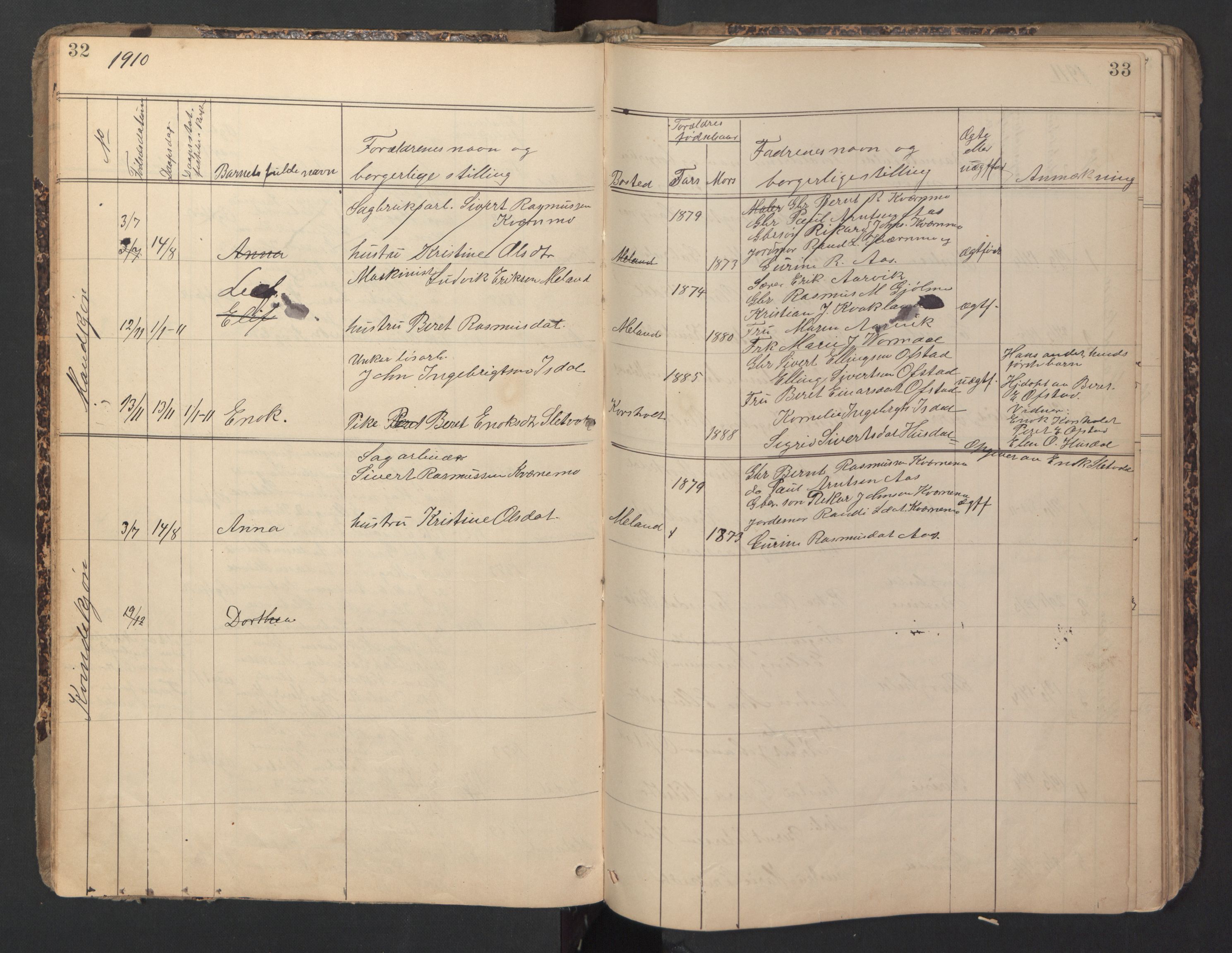 Ministerialprotokoller, klokkerbøker og fødselsregistre - Sør-Trøndelag, SAT/A-1456/670/L0837: Parish register (copy) no. 670C01, 1905-1946, p. 32-33