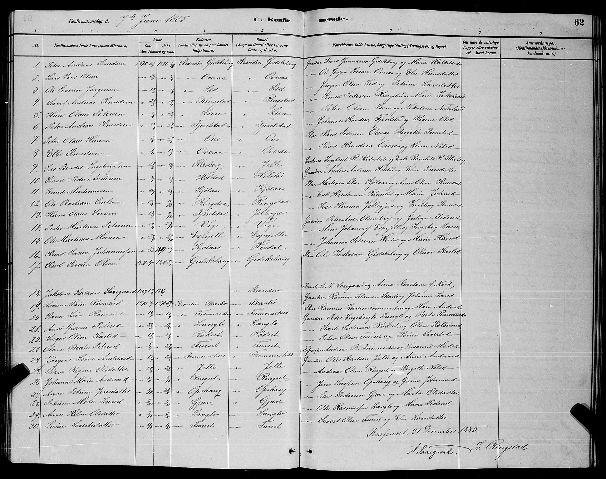 Ministerialprotokoller, klokkerbøker og fødselsregistre - Møre og Romsdal, AV/SAT-A-1454/520/L0292: Parish register (copy) no. 520C04, 1882-1901, p. 62