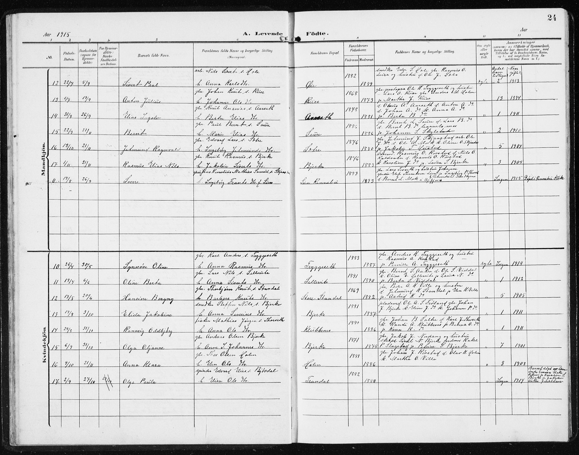 Ministerialprotokoller, klokkerbøker og fødselsregistre - Møre og Romsdal, SAT/A-1454/515/L0216: Parish register (copy) no. 515C03, 1906-1941, p. 24
