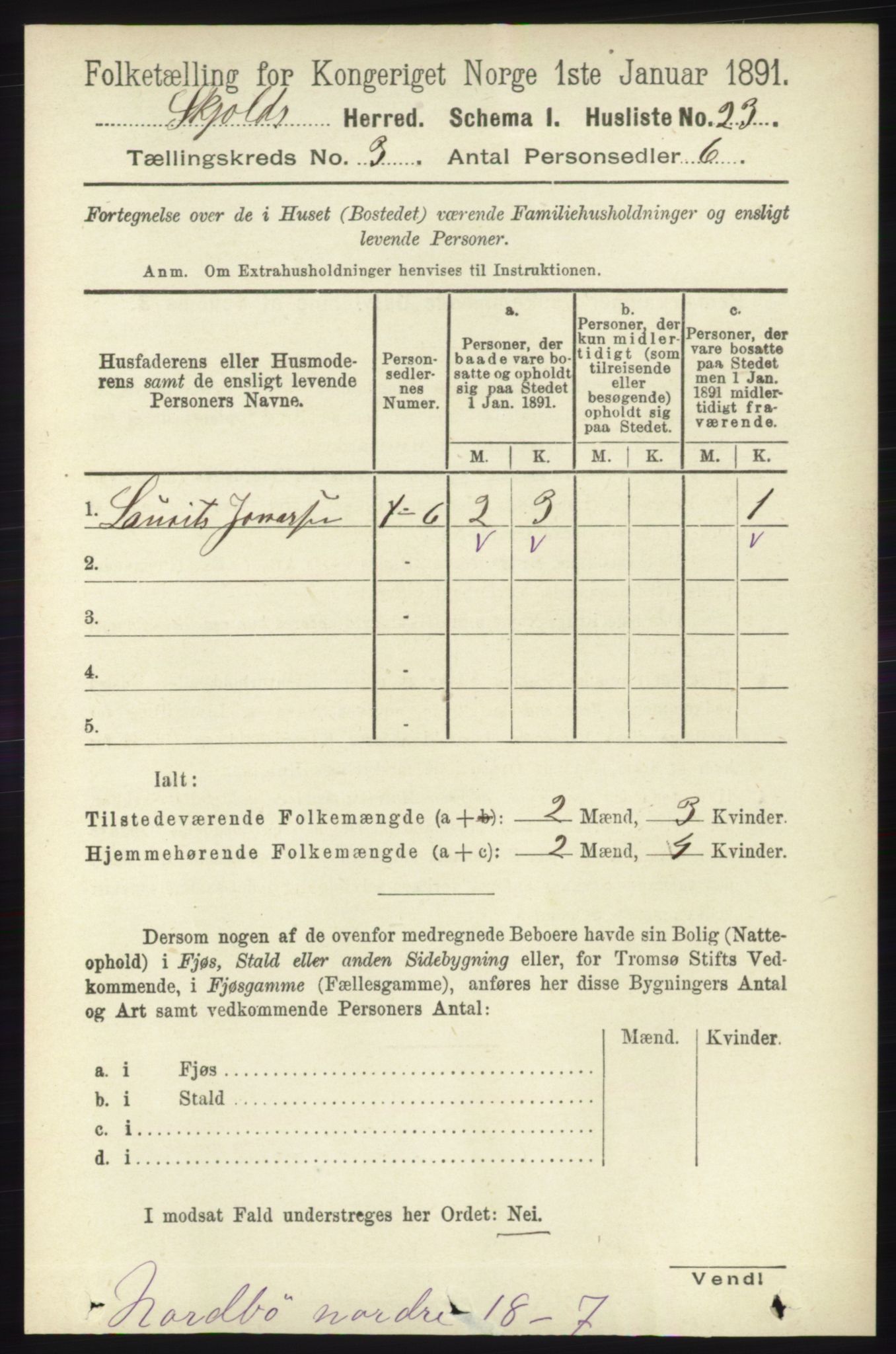 RA, 1891 census for 1154 Skjold, 1891, p. 381