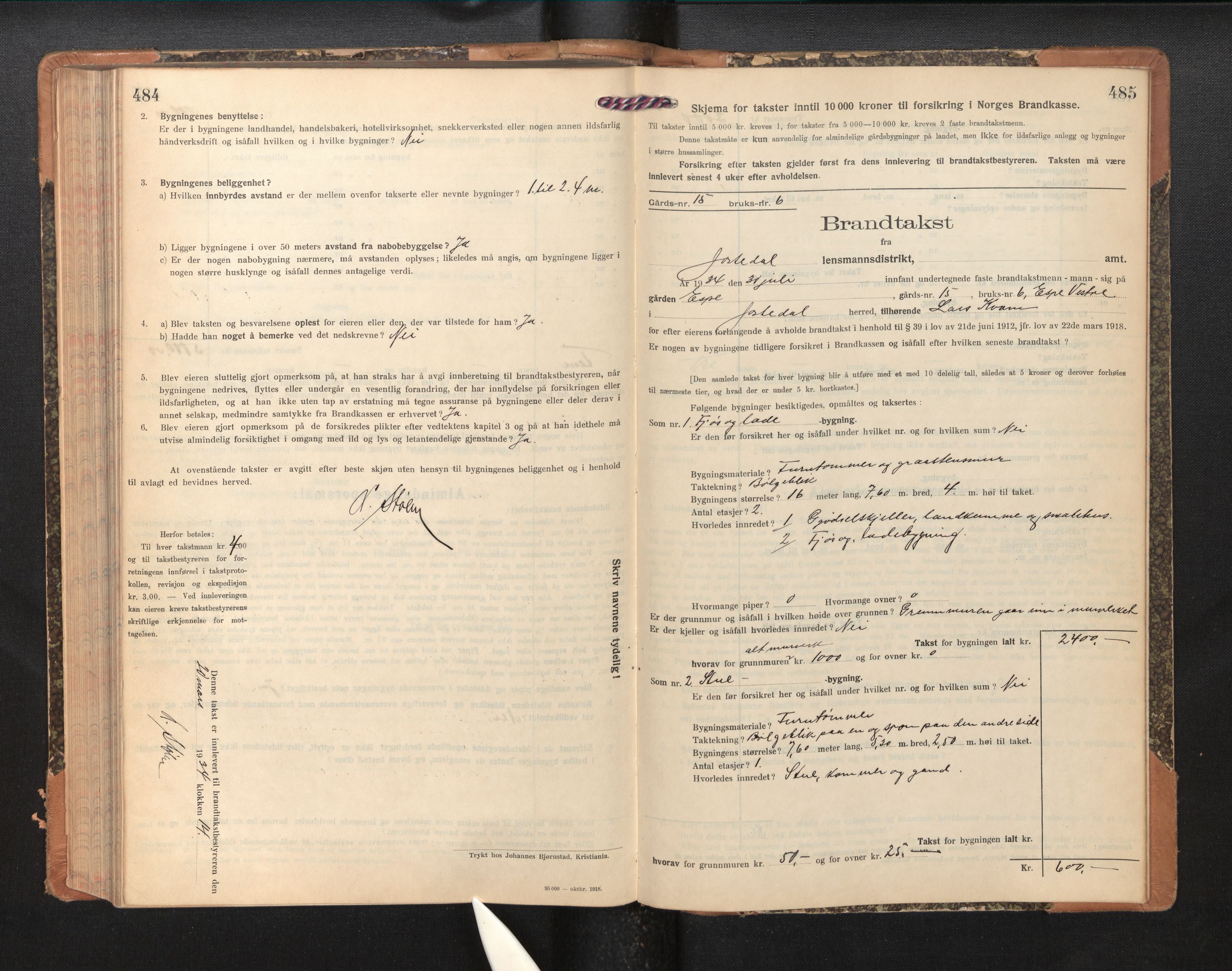 Lensmannen i Jostedal, AV/SAB-A-28601/0012/L0005: Branntakstprotokoll, skjematakst, 1921-1935, p. 484-485