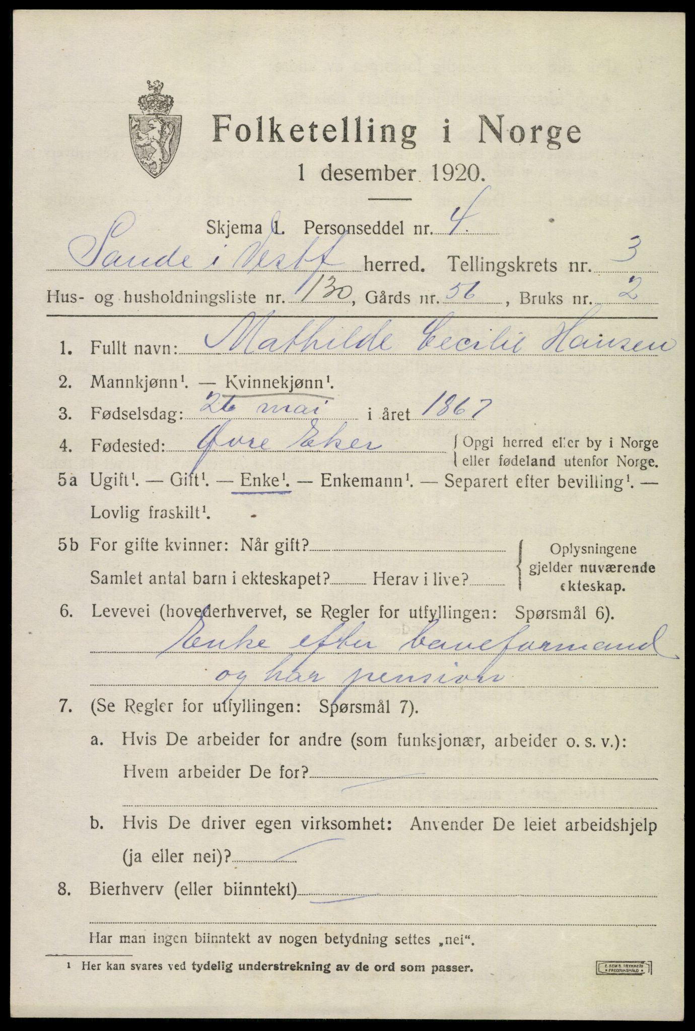 SAKO, 1920 census for Sande, 1920, p. 5612