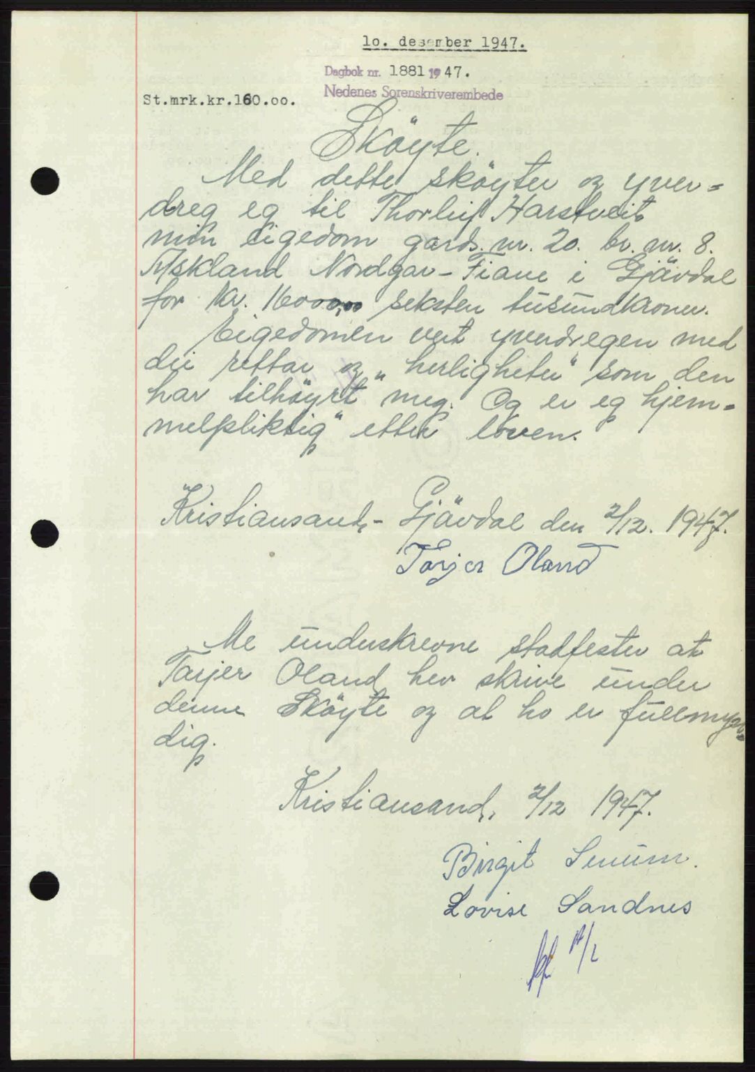 Nedenes sorenskriveri, AV/SAK-1221-0006/G/Gb/Gba/L0058: Mortgage book no. A10, 1947-1948, Diary no: : 1881/1947