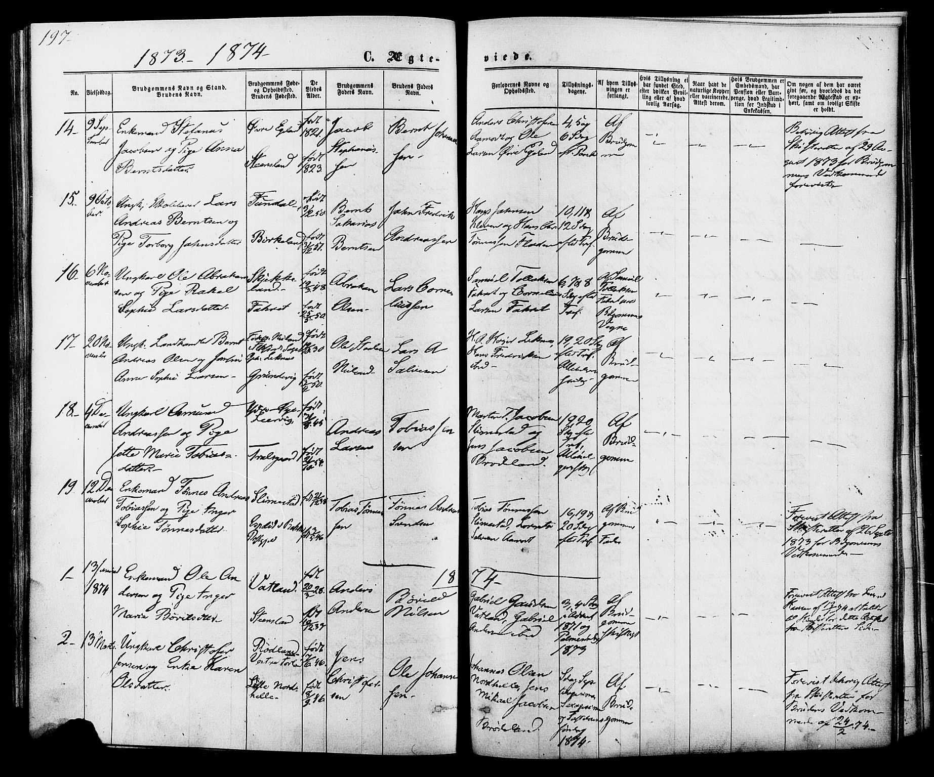 Kvinesdal sokneprestkontor, AV/SAK-1111-0026/F/Fa/Fab/L0007: Parish register (official) no. A 7, 1870-1885, p. 197