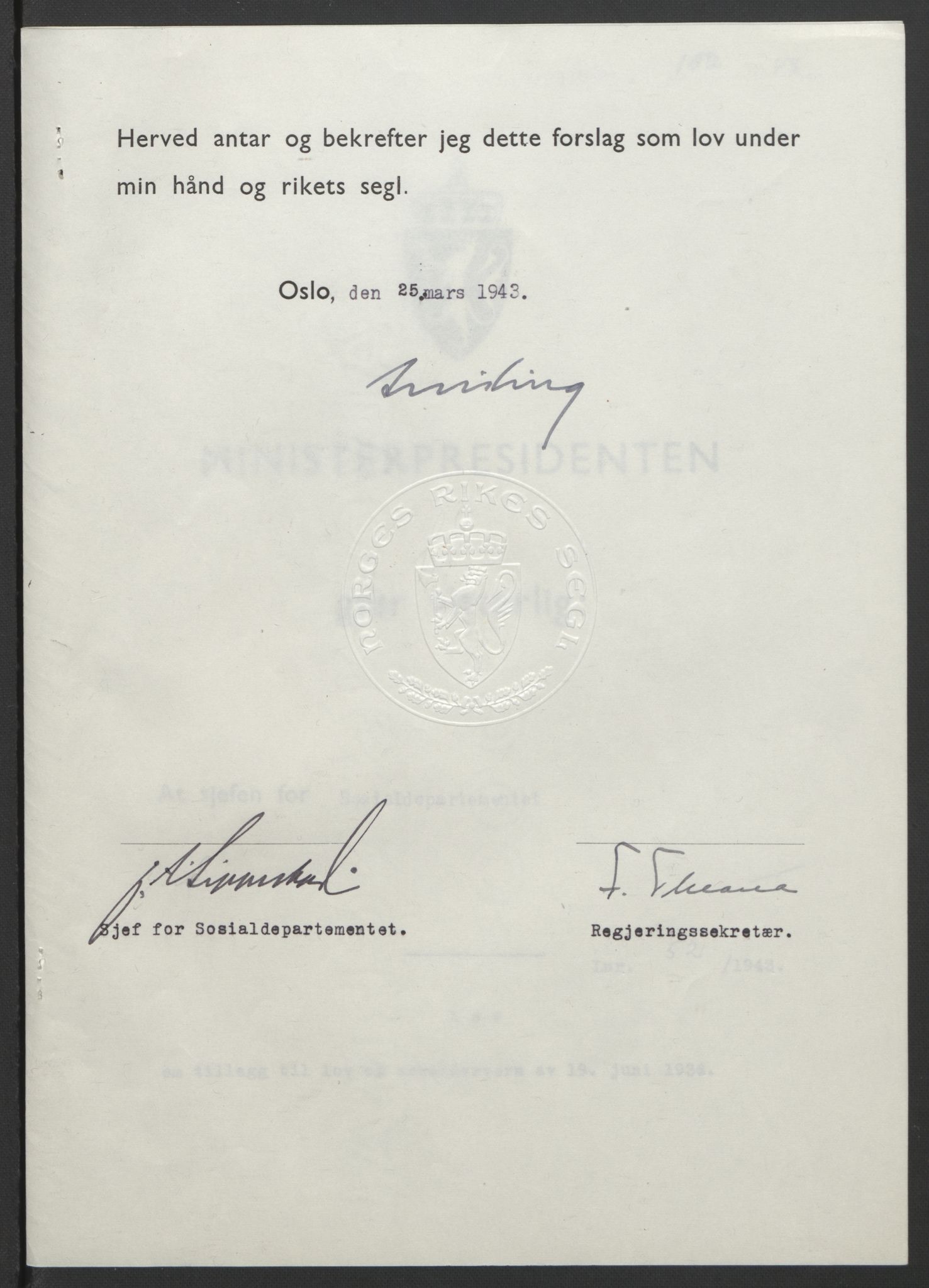 NS-administrasjonen 1940-1945 (Statsrådsekretariatet, de kommisariske statsråder mm), RA/S-4279/D/Db/L0099: Lover, 1943, p. 229