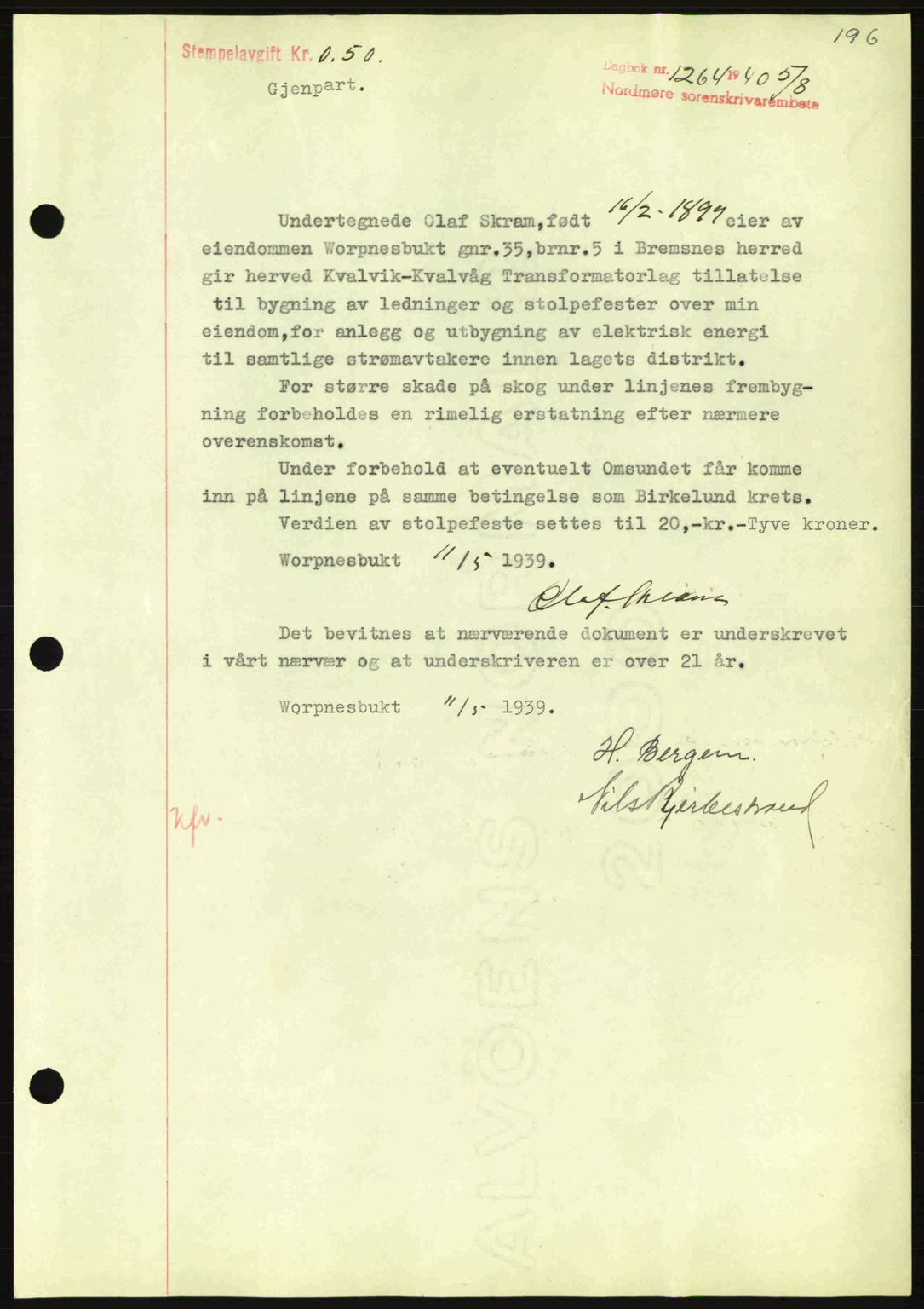 Nordmøre sorenskriveri, AV/SAT-A-4132/1/2/2Ca: Mortgage book no. B87, 1940-1941, Diary no: : 1264/1940