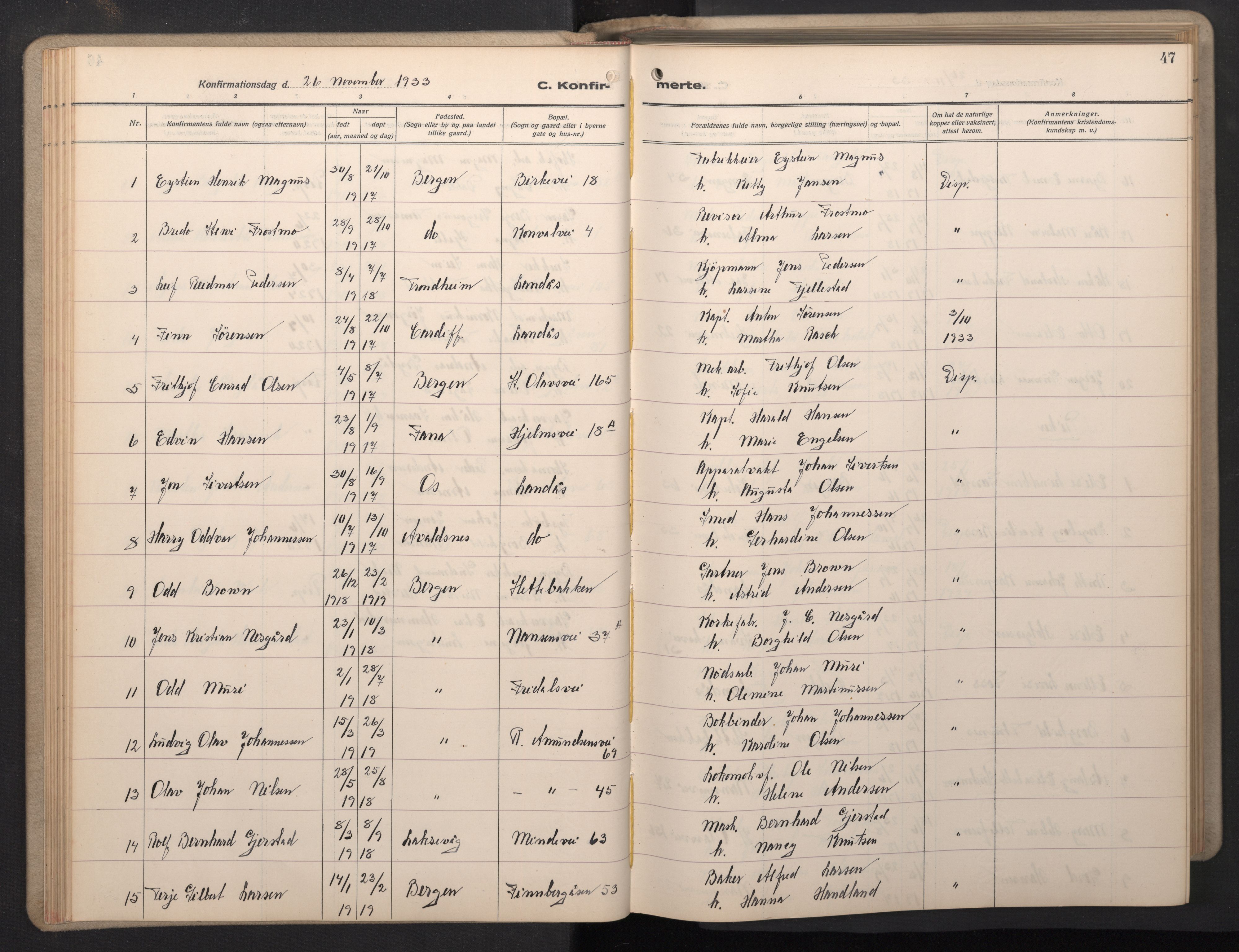 Årstad Sokneprestembete, AV/SAB-A-79301/H/Hab/L0015: Parish register (copy) no. B 5, 1932-1945, p. 46b-47a