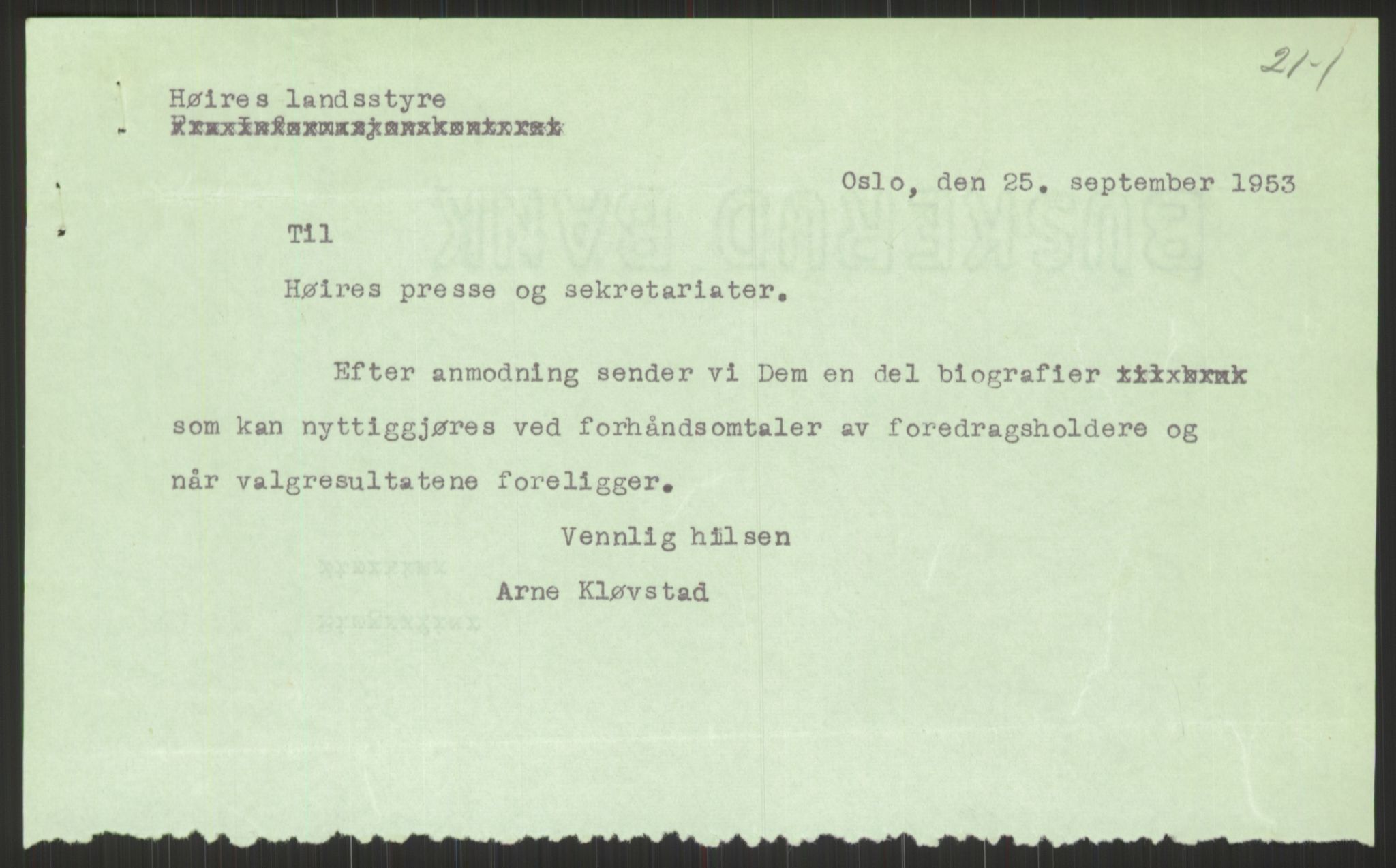 Høyres Hovedorganisasjon, AV/RA-PA-0583/1/D/Dd/L0130: 19 Generalsekretæren/21 Stortinget, 1952-1965, p. 877