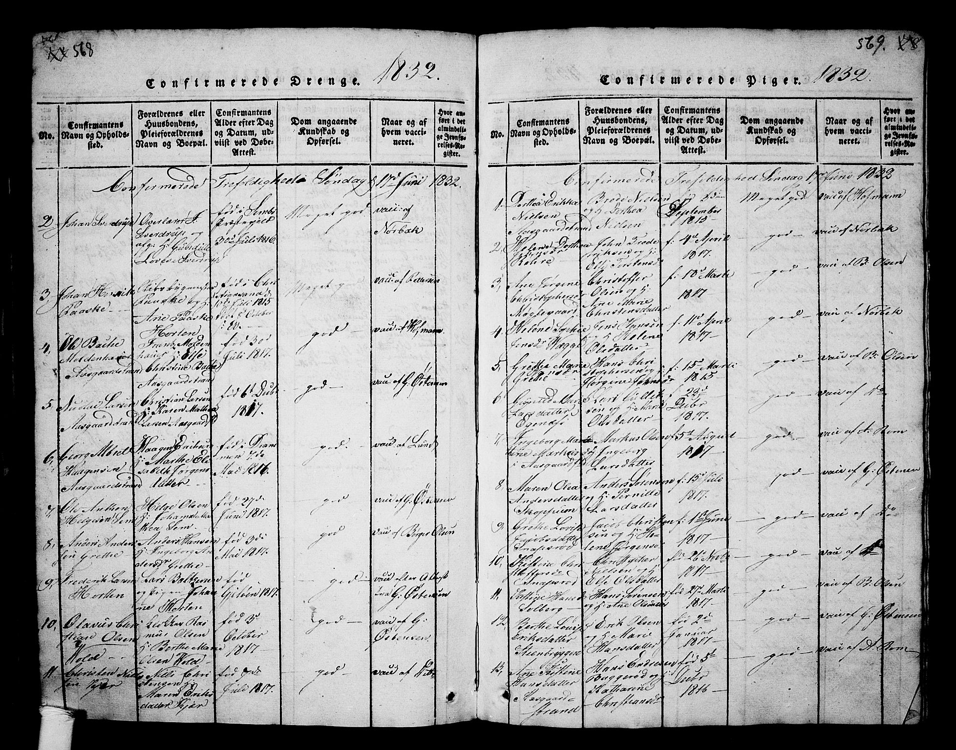 Borre kirkebøker, SAKO/A-338/G/Ga/L0001: Parish register (copy) no. I 1, 1815-1851, p. 568-569