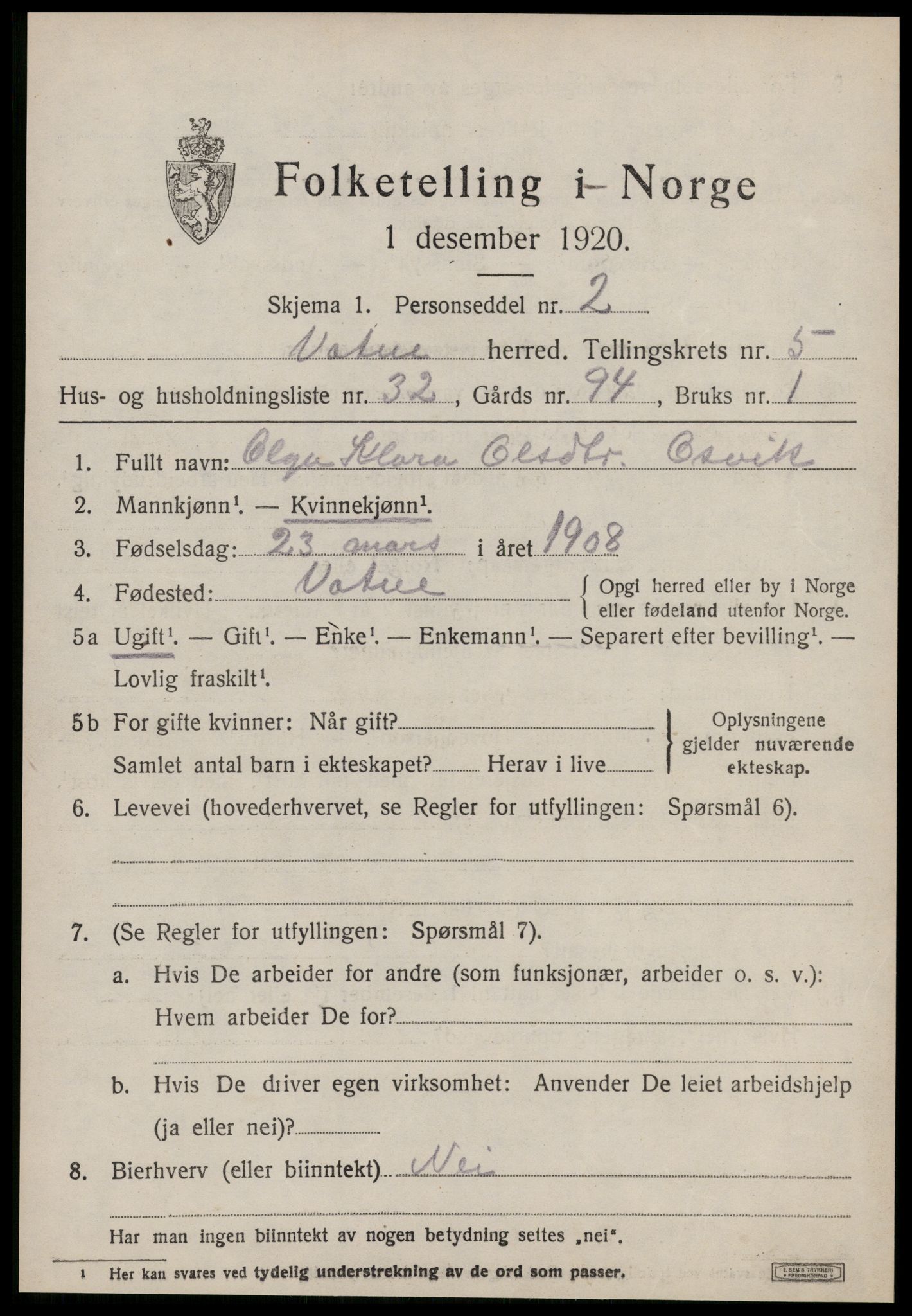 SAT, 1920 census for Vatne, 1920, p. 2632