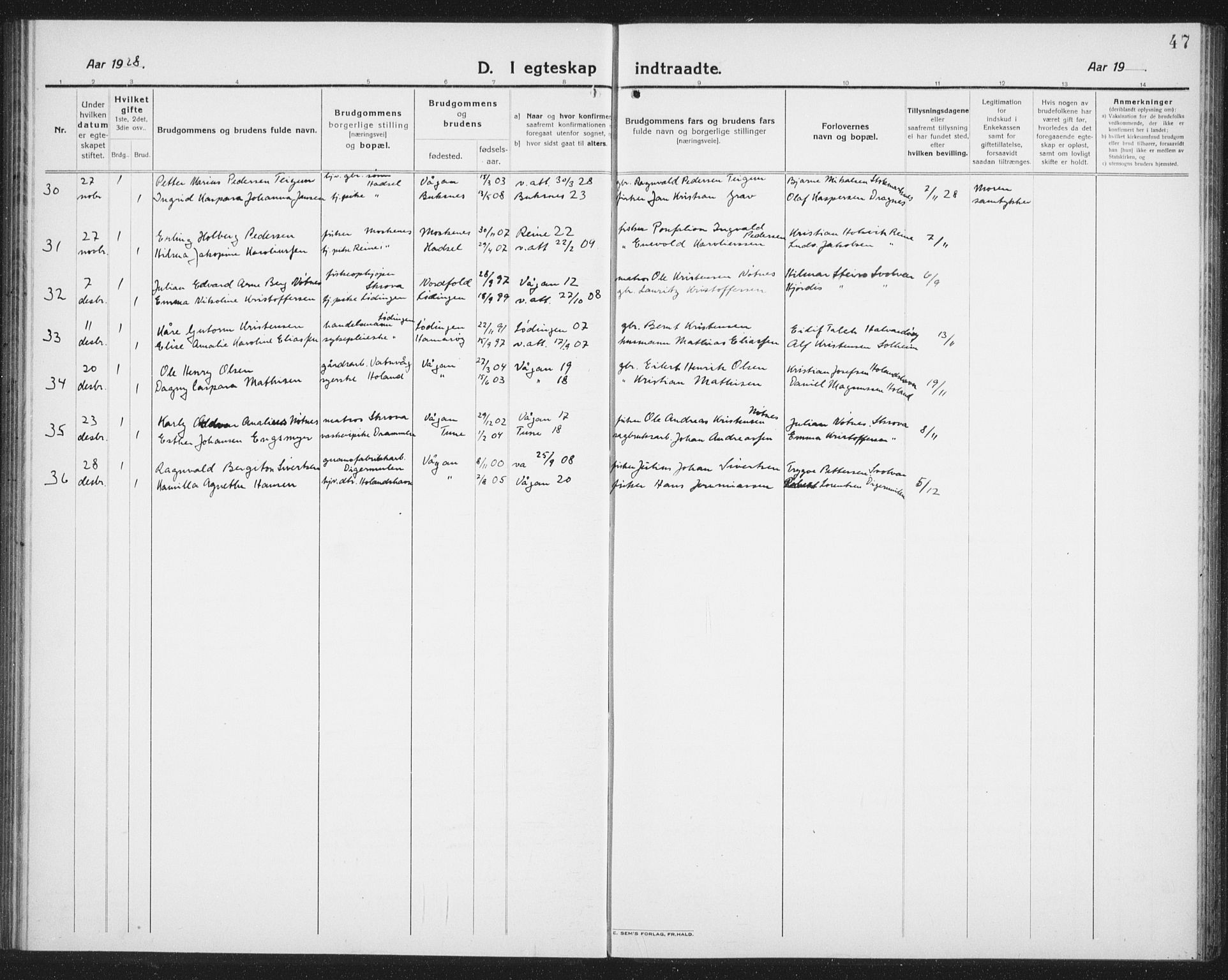 Ministerialprotokoller, klokkerbøker og fødselsregistre - Nordland, AV/SAT-A-1459/874/L1082: Parish register (copy) no. 874C11, 1920-1939, p. 47