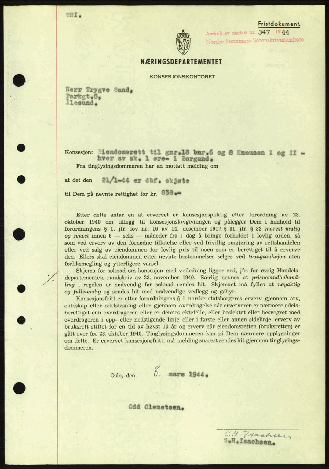 Nordre Sunnmøre sorenskriveri, SAT/A-0006/1/2/2C/2Ca: Mortgage book no. B6-14 a, 1942-1945, Diary no: : 347/1944