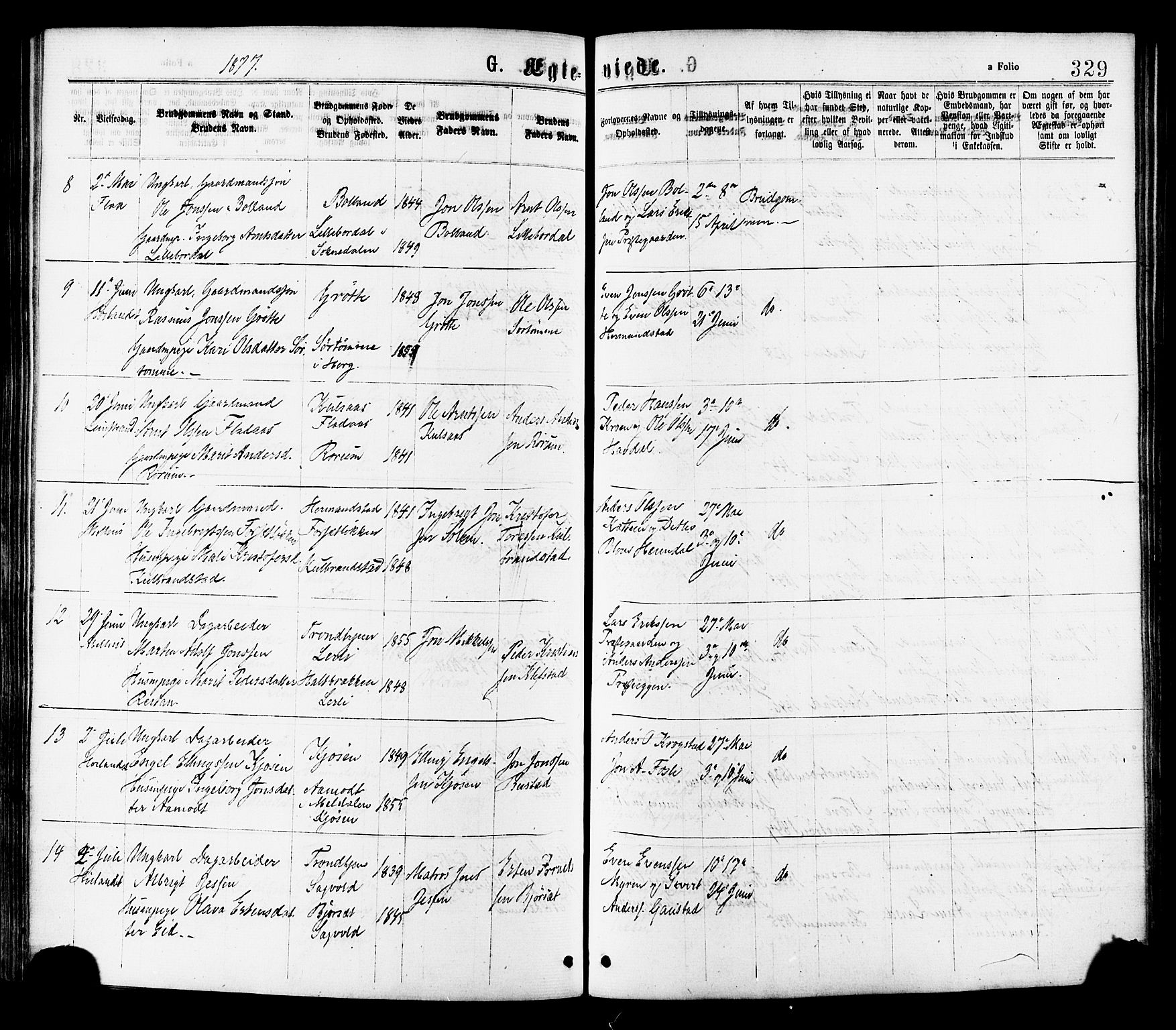 Ministerialprotokoller, klokkerbøker og fødselsregistre - Sør-Trøndelag, SAT/A-1456/691/L1079: Parish register (official) no. 691A11, 1873-1886, p. 329