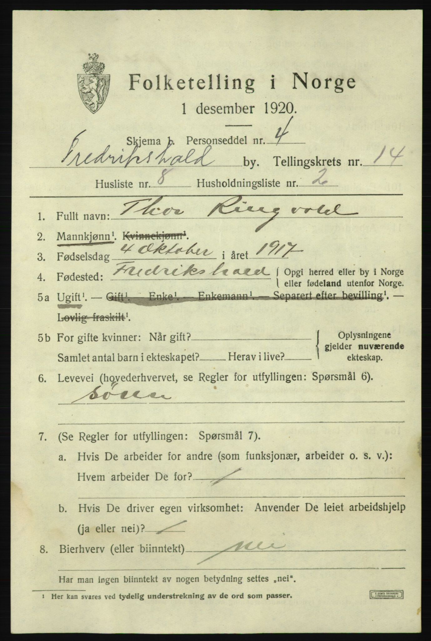 SAO, 1920 census for Fredrikshald, 1920, p. 22415